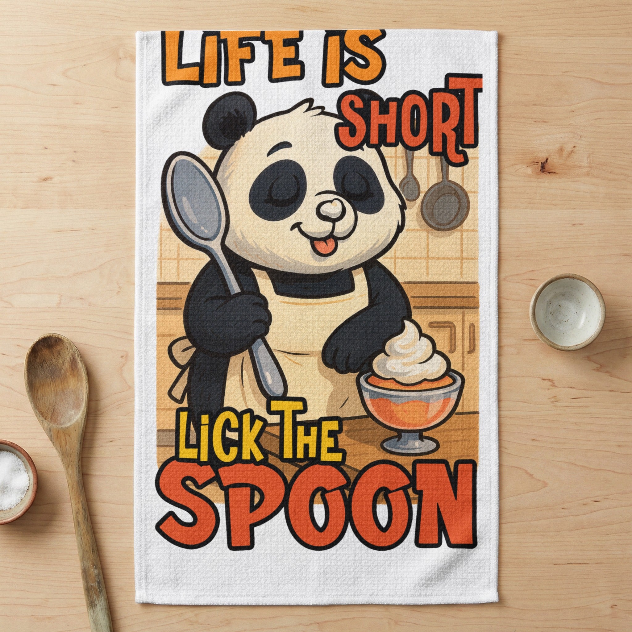 Panda in apron holding spoon with "Life is Short Lick the Spoon" text.