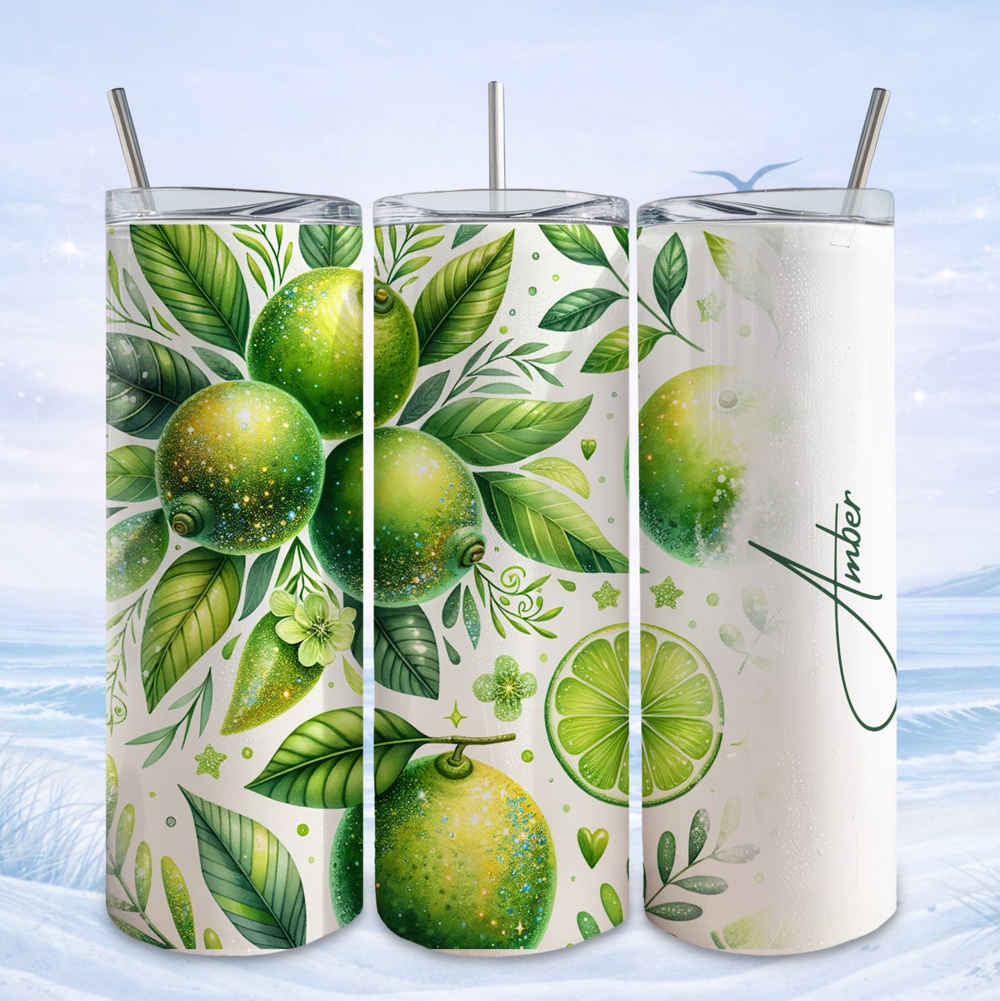 Three tumblers with green limes and leaves design, one personalized with "Amber".