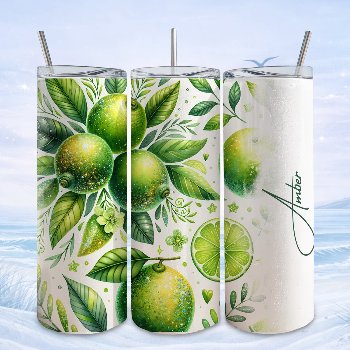 Three tumblers with green limes and leaves design, one personalized with "Amber".