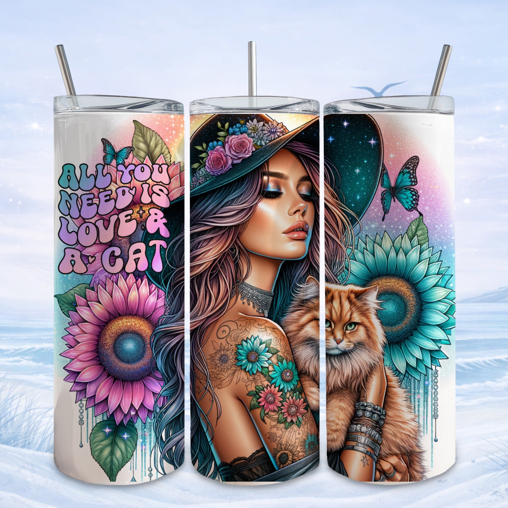 Bohemian woman with tattoos and a cat surrounded by sunflowers and butterflies.