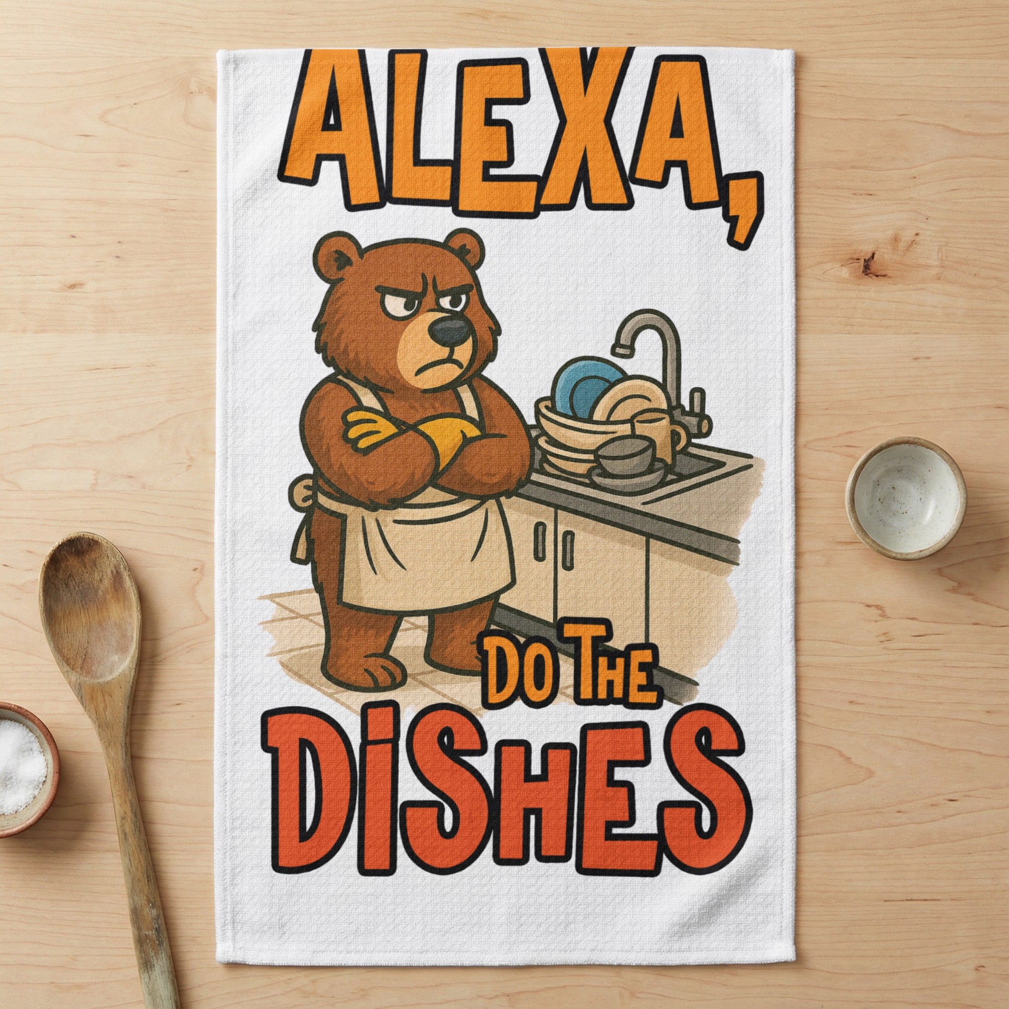 Bear wearing apron and saying "ALEXA, DO THE DISHES" near a sink.
