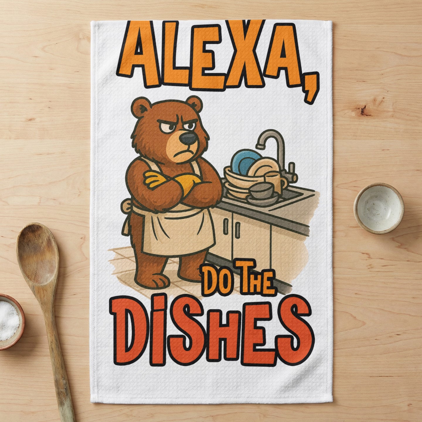 Bear wearing apron and saying "ALEXA, DO THE DISHES" near a sink.