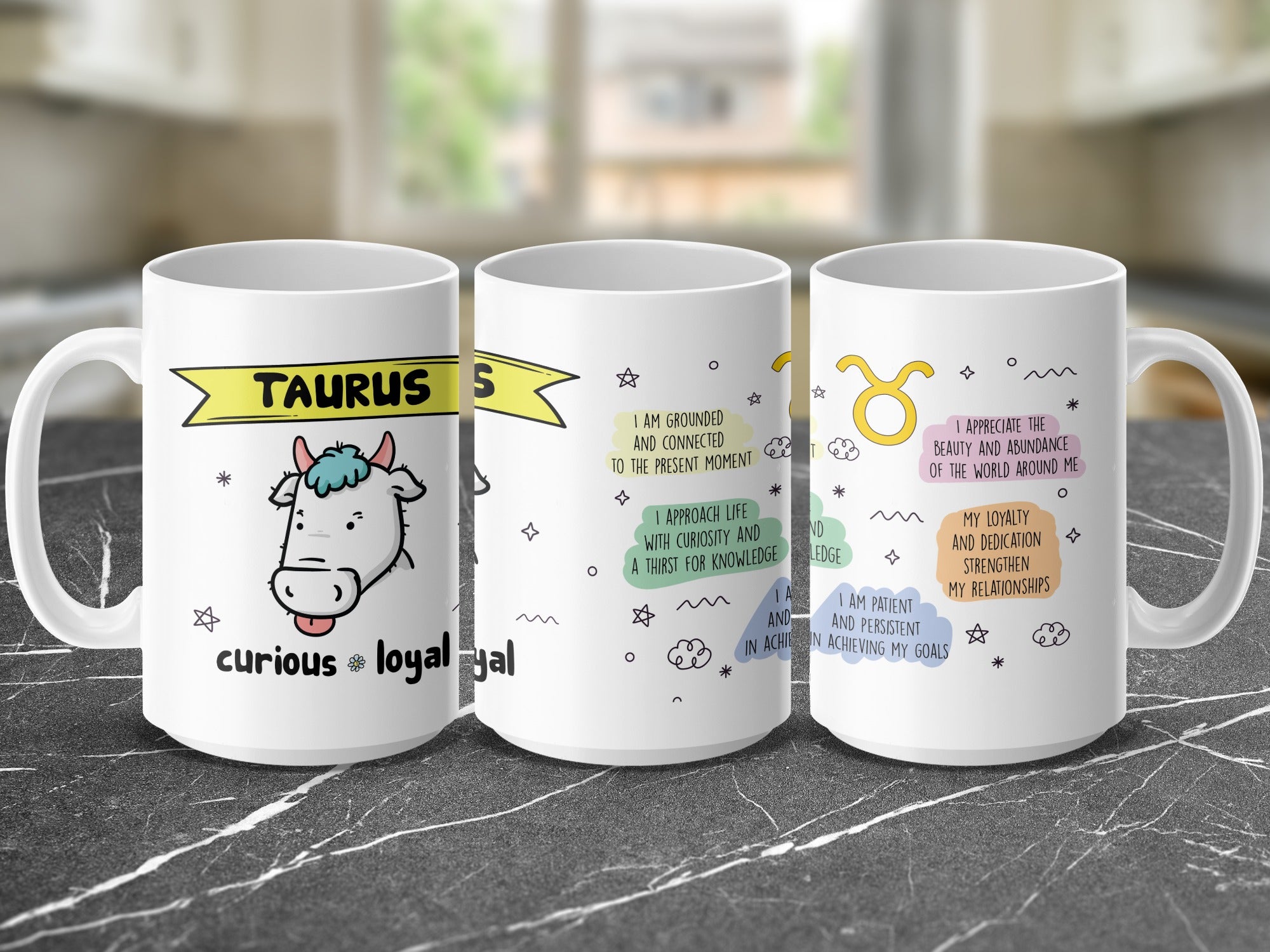 Taurus mug with zodiac sign, bull illustration, and personal qualities listed.