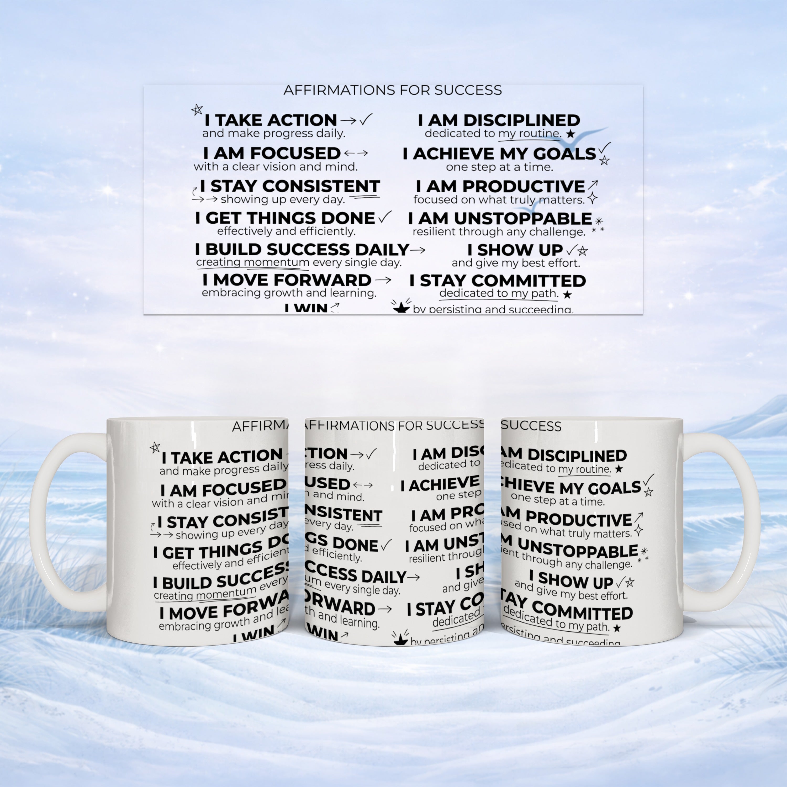Mug with "Affirmations for Success" text and motivational quotes.