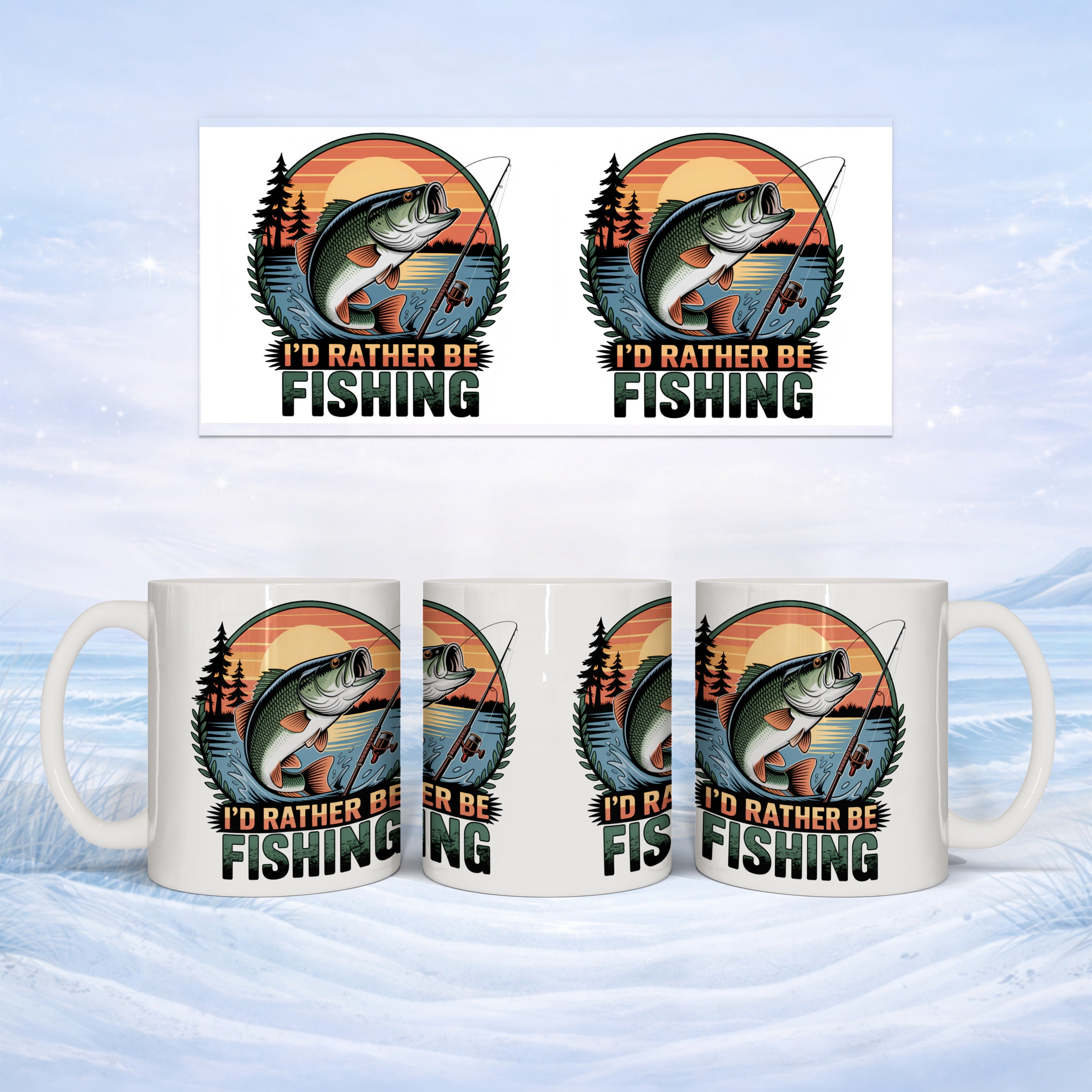 Mug with "I'd Rather Be Fishing" text and fish graphic.