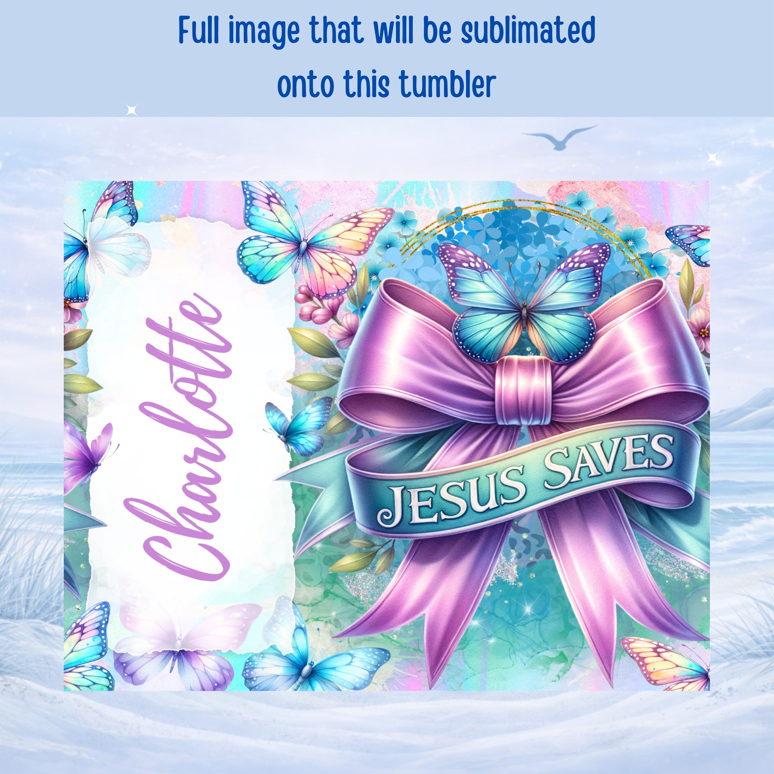 Pink bow and butterflies with text "Charlotte" and "Jesus Saves" on abstract background.