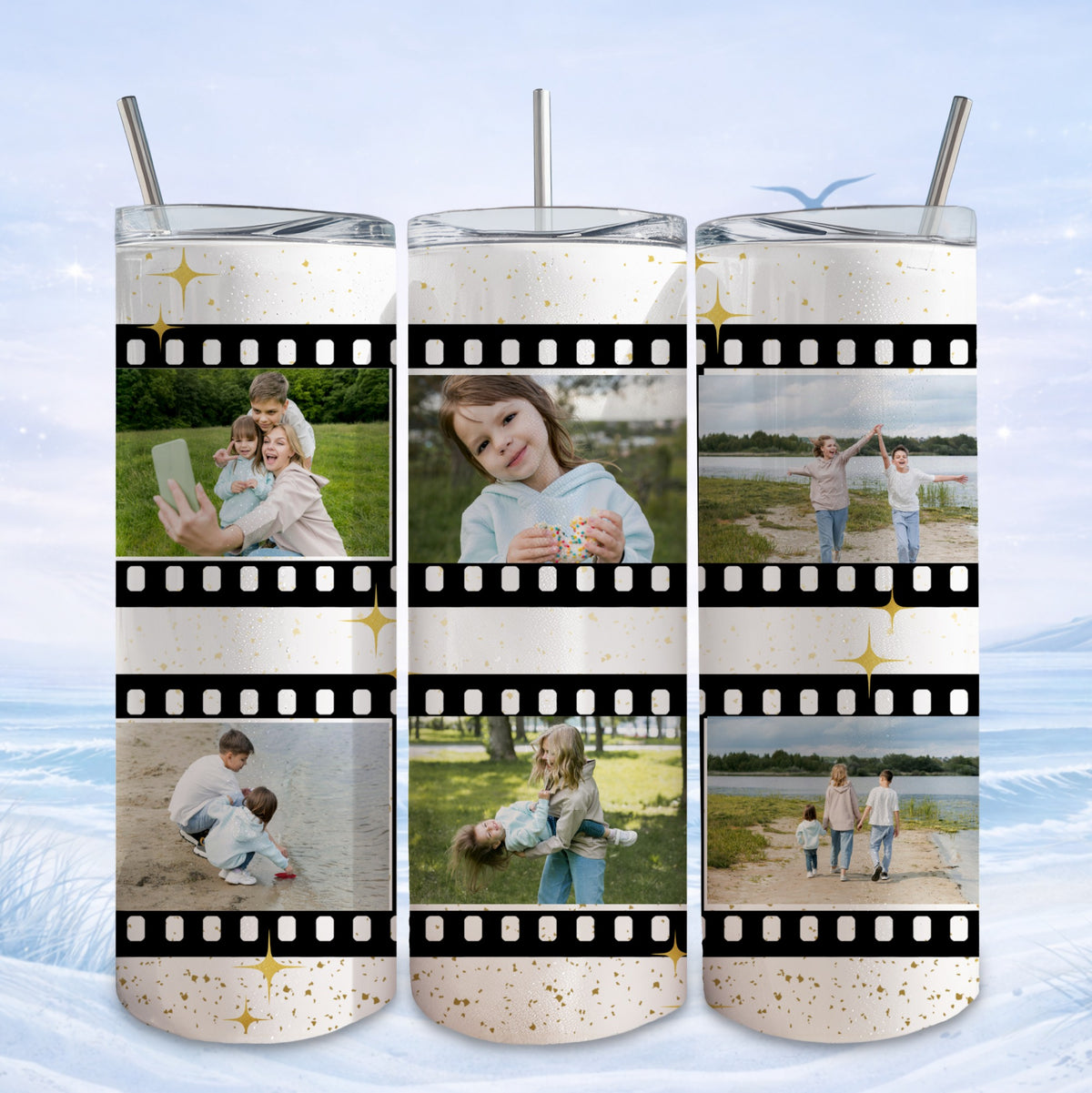 Collage of family photos in film strip format with starry background.