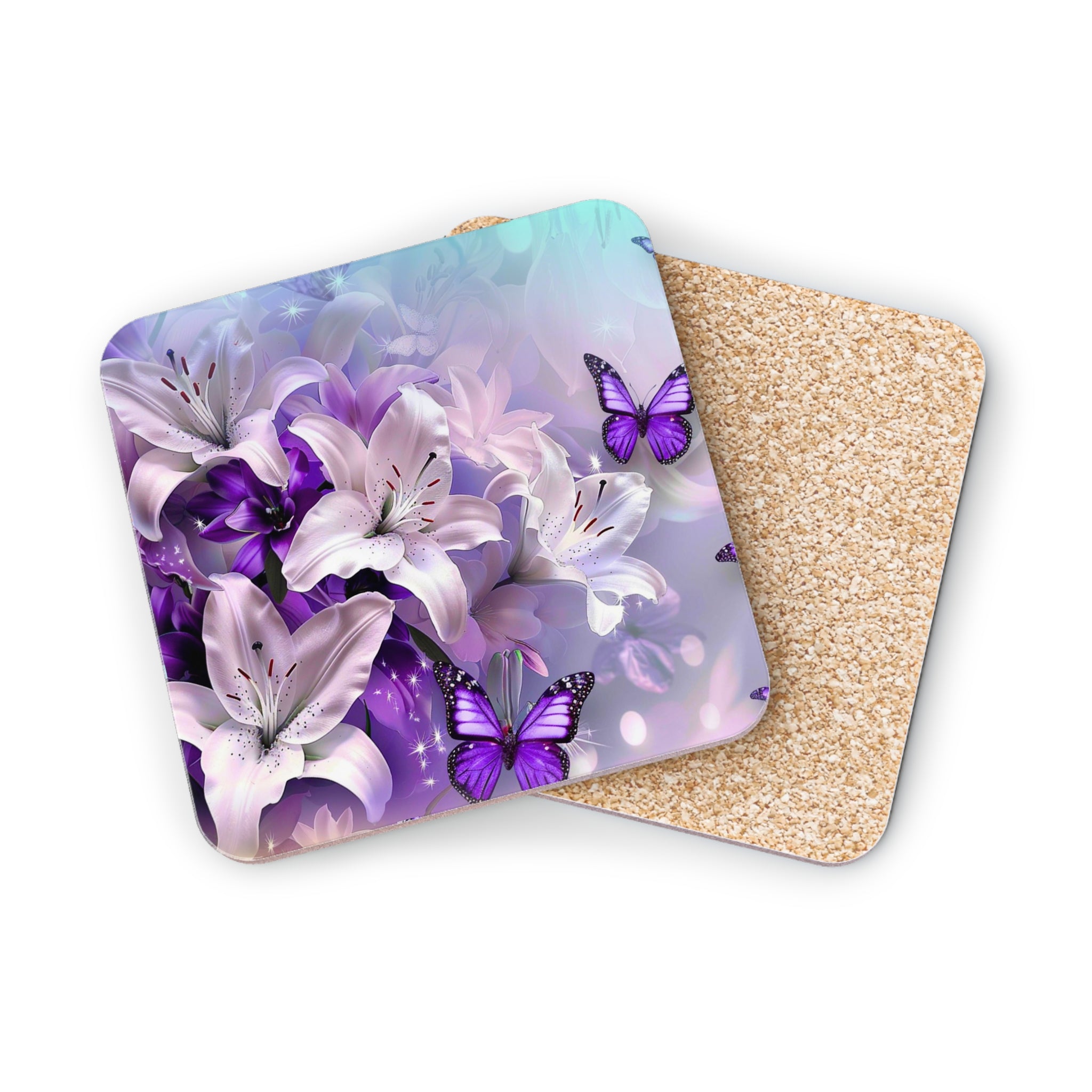 Coasters with purple lilies and butterflies, cork backing.