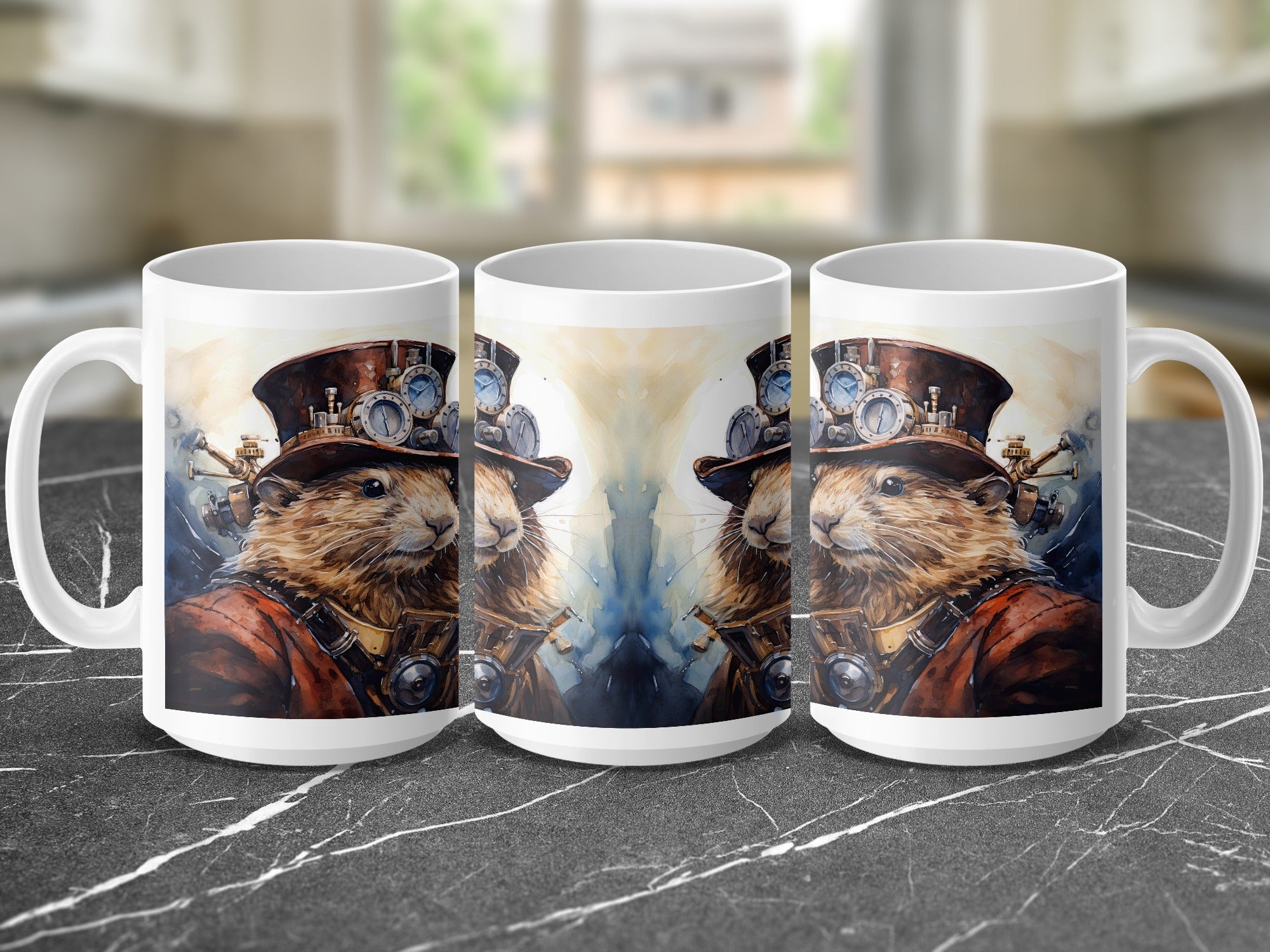 Steampunk hamster in hat and goggles on a mug.