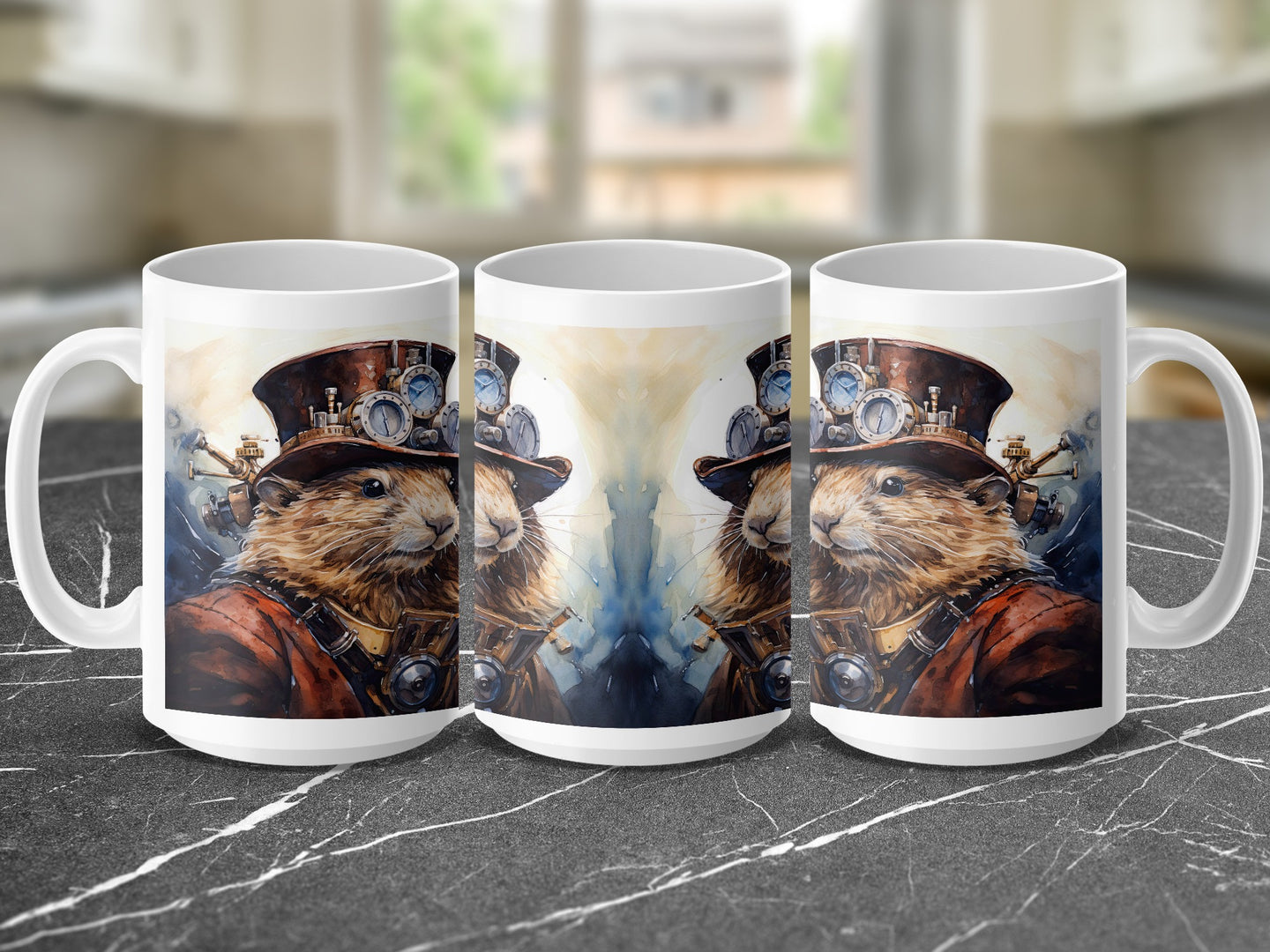 Steampunk hamster in hat and goggles on a mug.