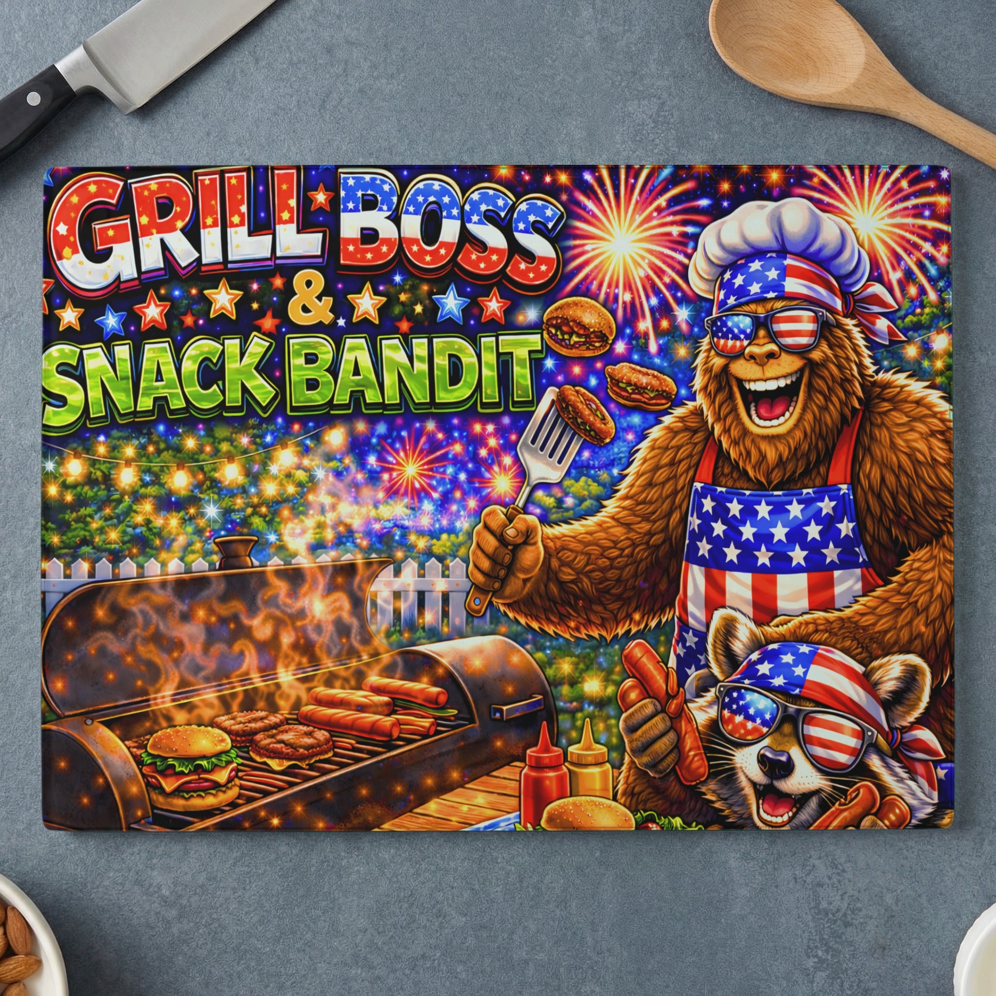 Grill Boss & Snack Bandit with grilling barbecue, fireworks, and patriotic raccoon.
