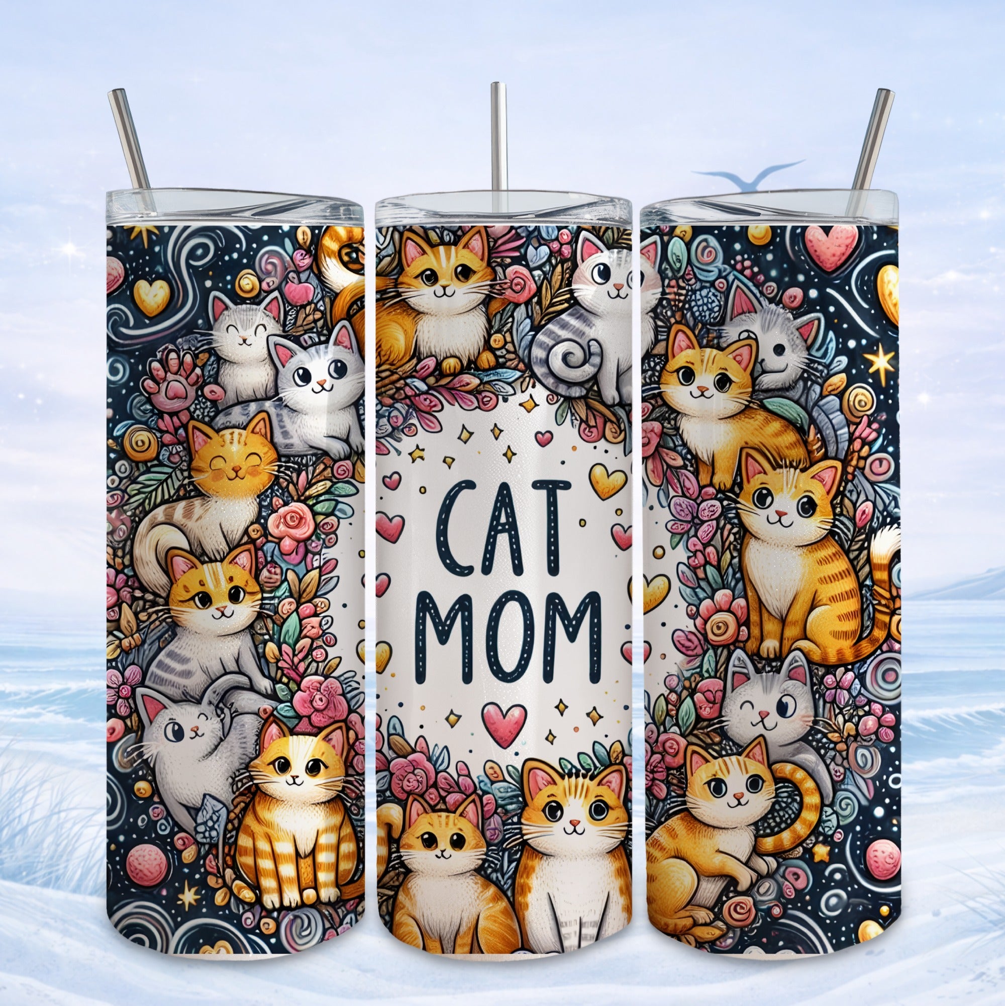 Three tumblers with floral frames and cute cats, "Cat Mom" text.