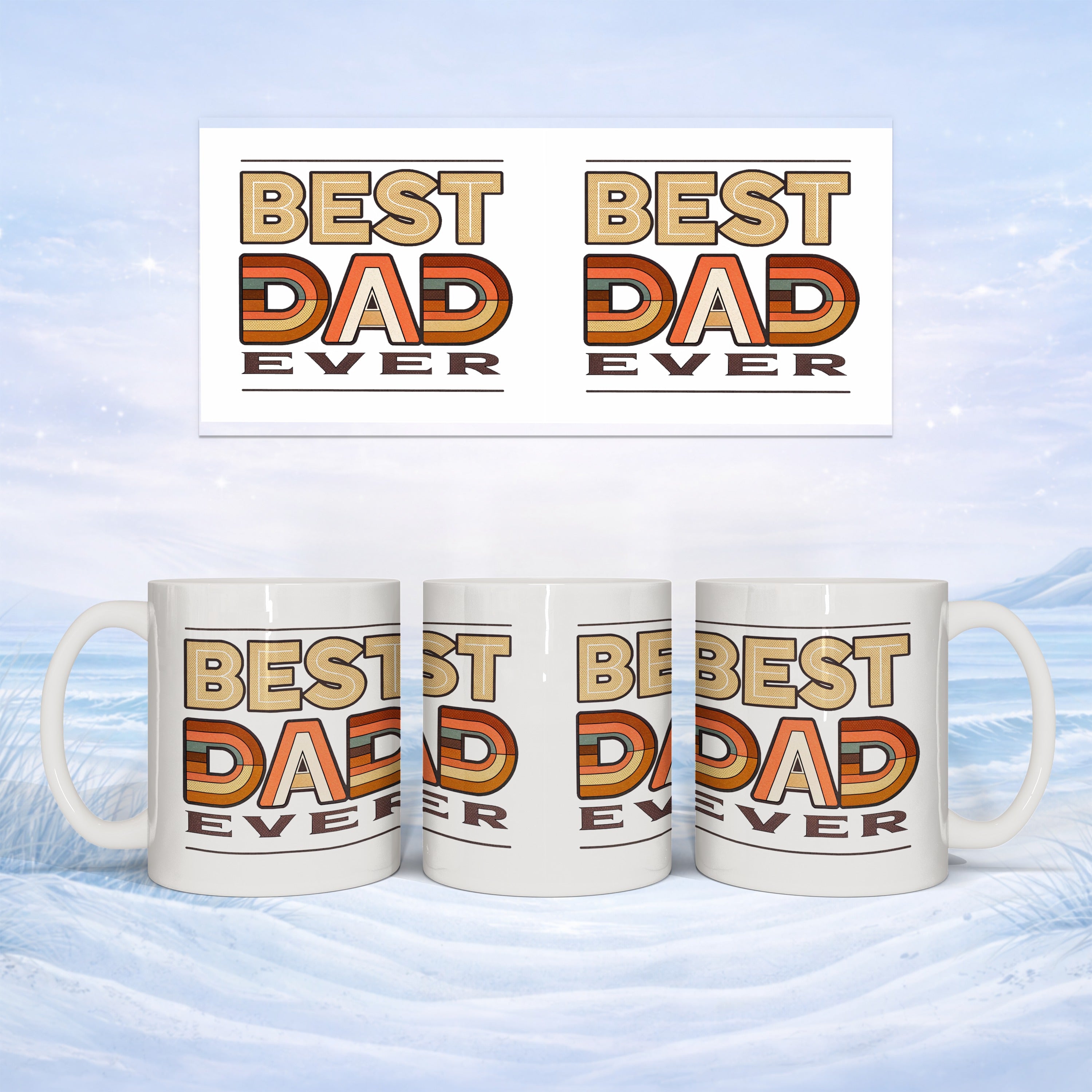 White mug with "Best Dad Ever" text in retro style, set against snowy backdrop.
