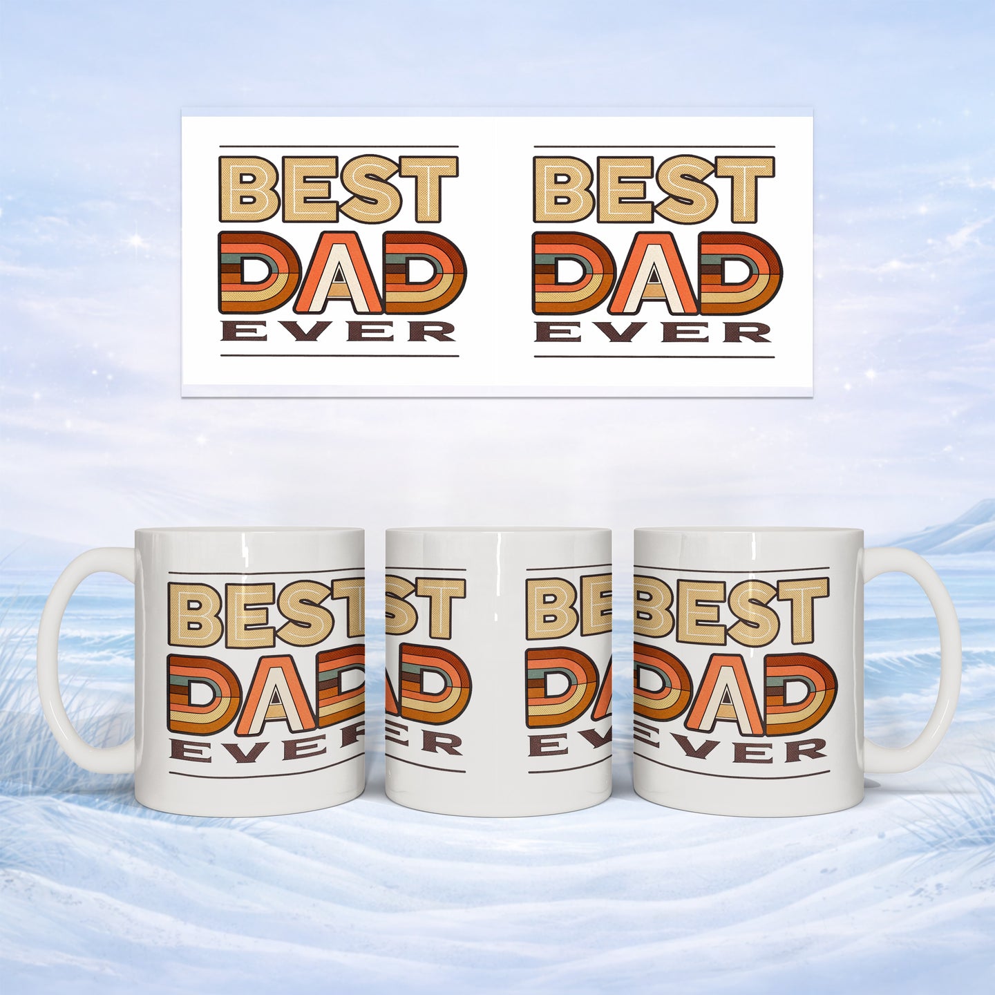 White mug with "Best Dad Ever" text in retro style, set against snowy backdrop.