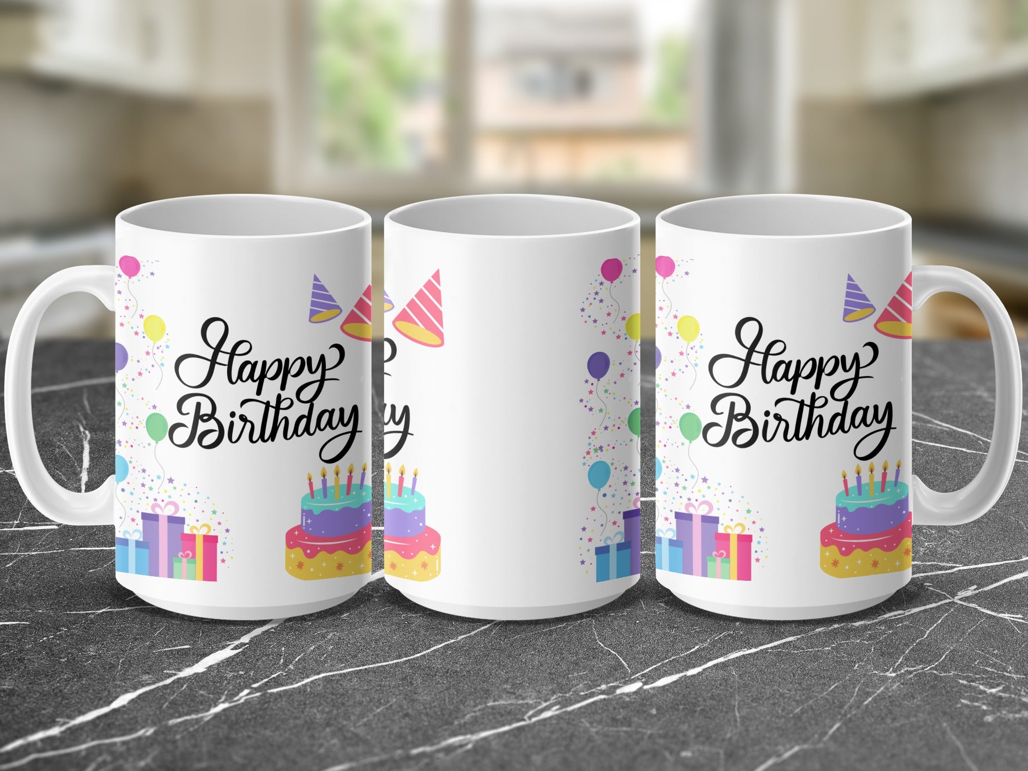 Three white mugs with "Happy Birthday" text, cakes, gifts, and balloons.