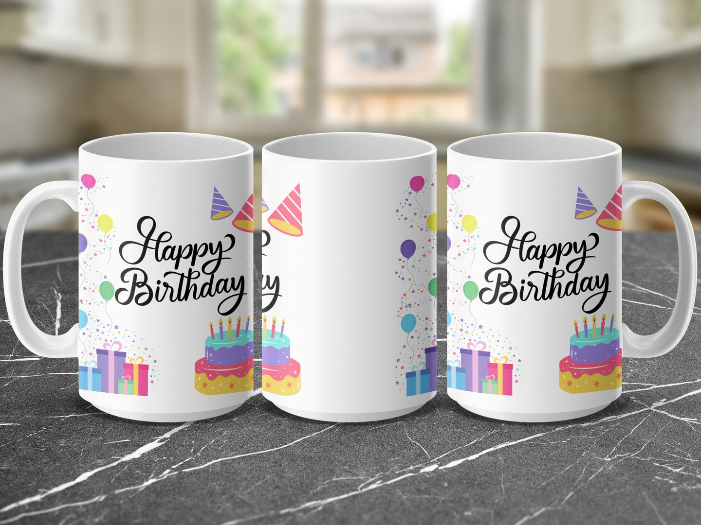 Three white mugs with "Happy Birthday" text, cakes, gifts, and balloons.