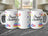 Three white mugs with "Happy Birthday" text, cakes, gifts, and balloons.