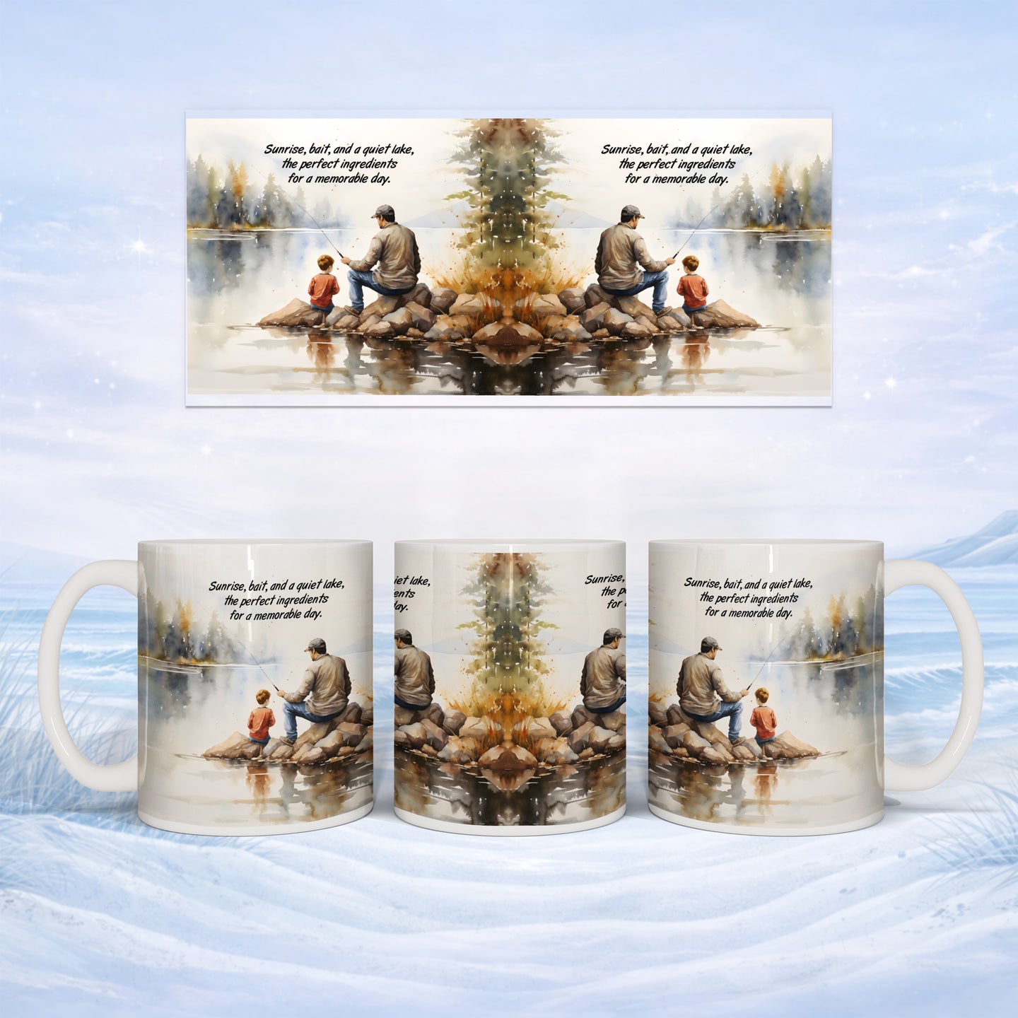 Mug with sunrise, lake, and father and son fishing, with inspirational text.