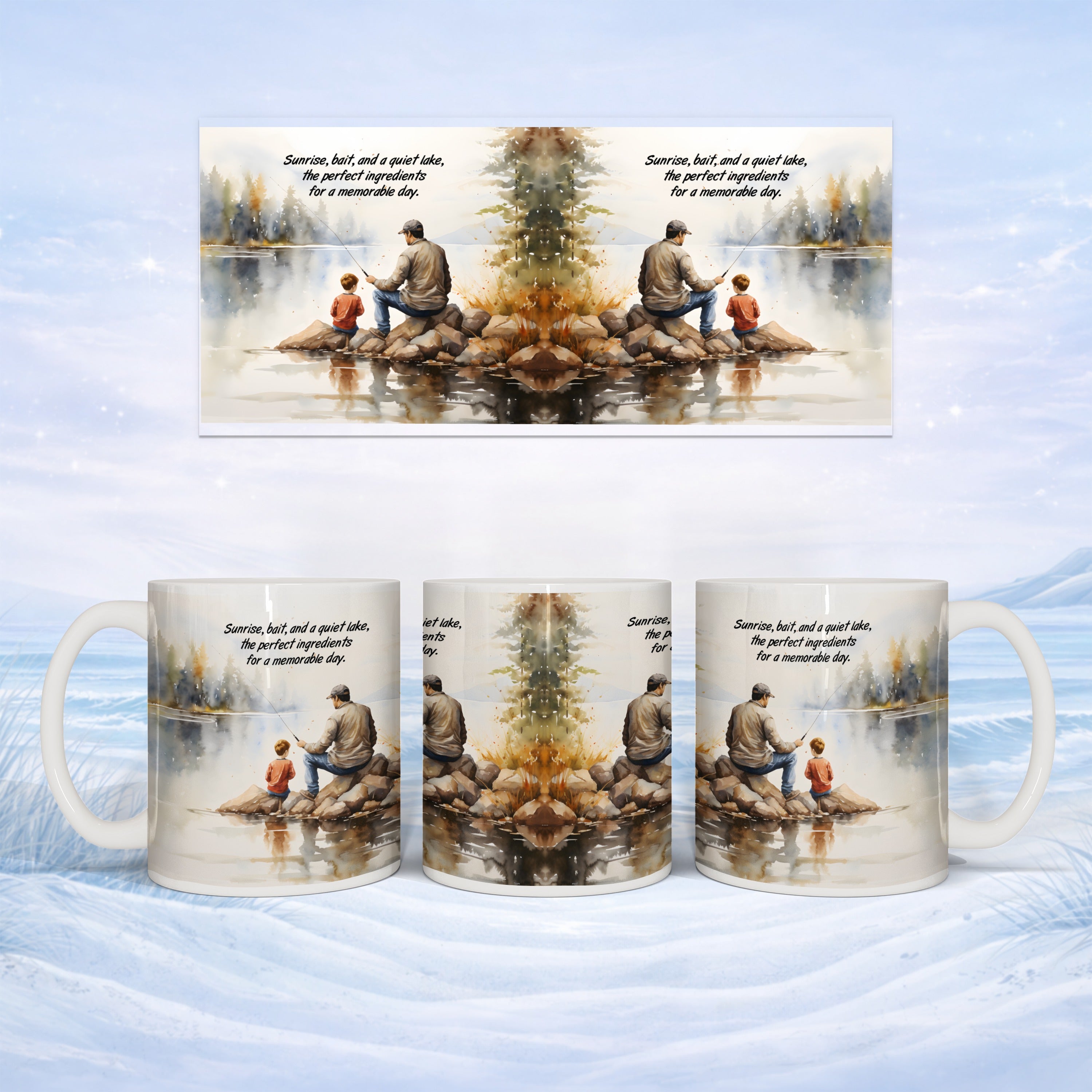 Mug with sunrise, lake, and father and son fishing, with inspirational text.