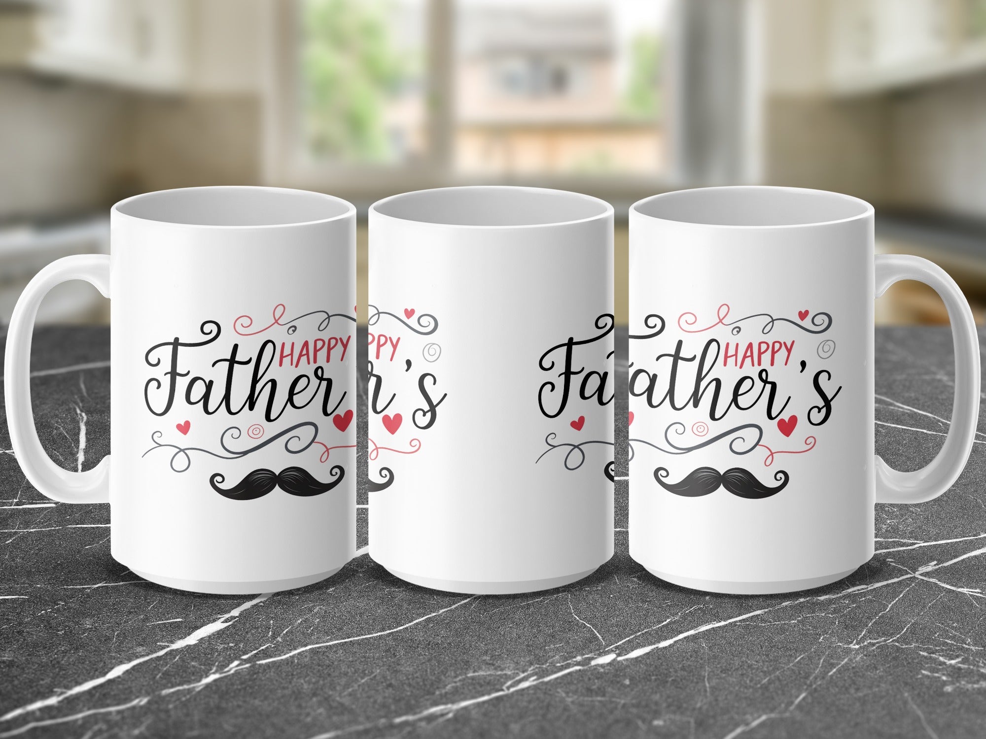 Three white mugs with "Happy Father's" text and mustache design.
