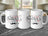 Three white mugs with "Happy Father's" text and mustache design.