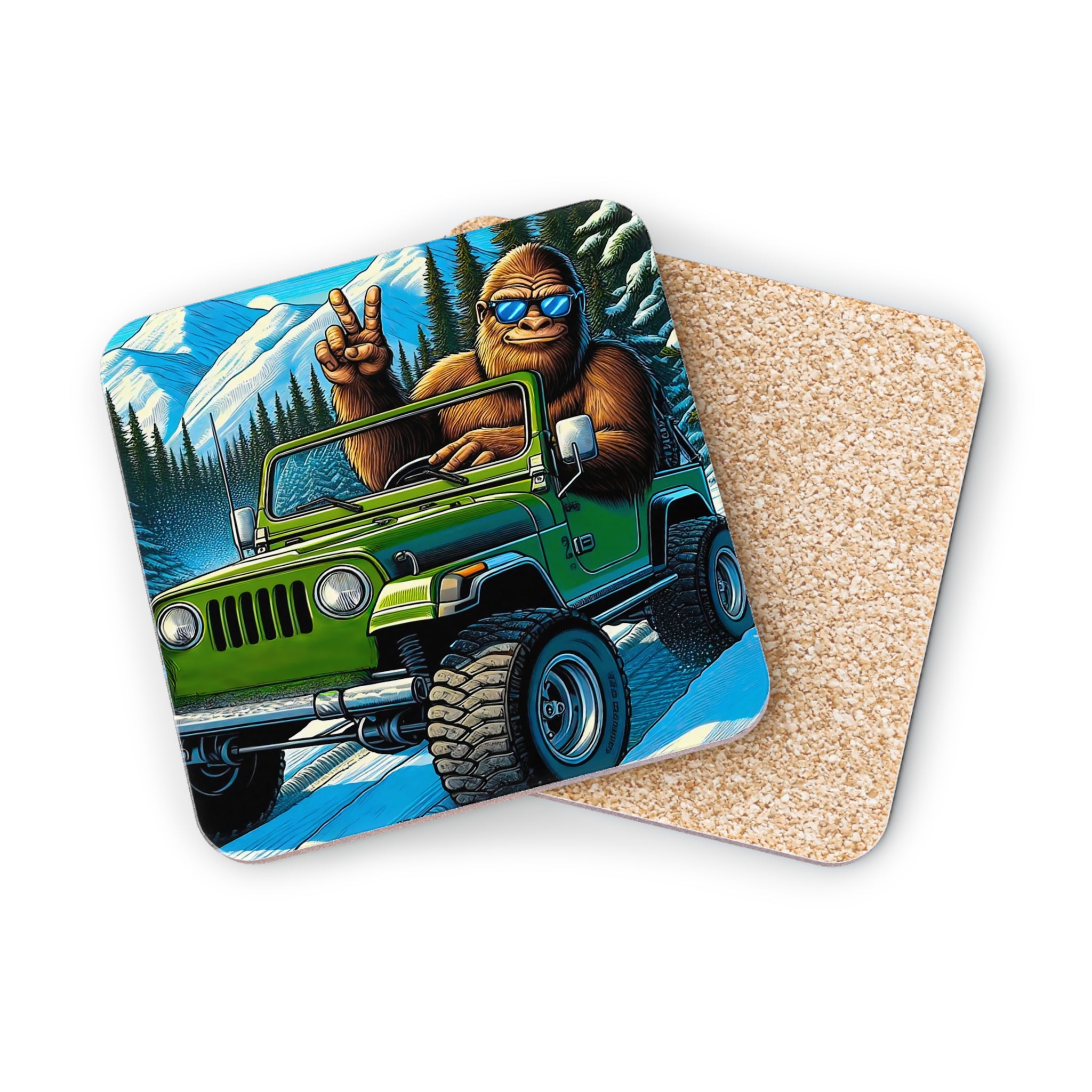 Bigfoot in sunglasses drives a green Jeep on a snowy mountain road.