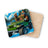 Bigfoot in sunglasses drives a green Jeep on a snowy mountain road.
