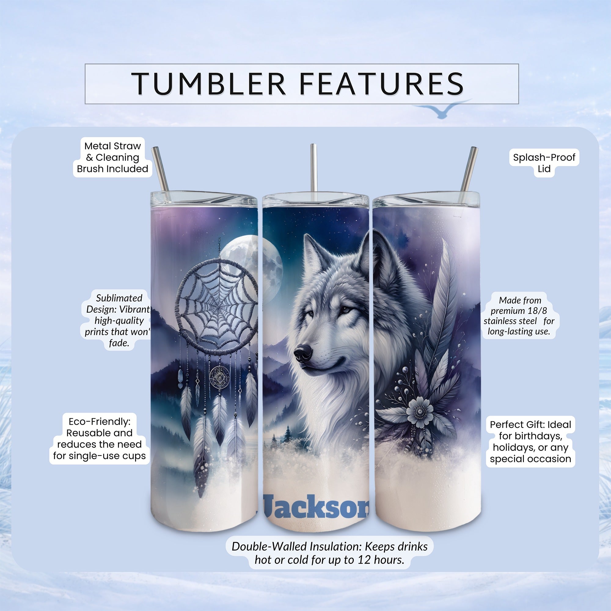 Wolf dreamcatcher tumbler with sublimation design and text features.
