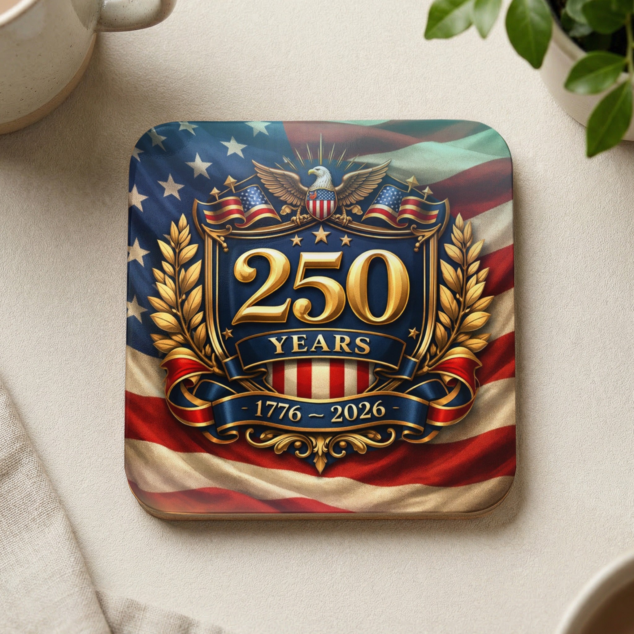 Square coaster celebrating 250 years of America, 1776-2026.