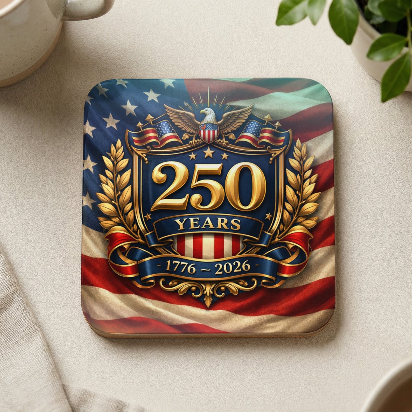 Square coaster celebrating 250 years of America, 1776-2026.