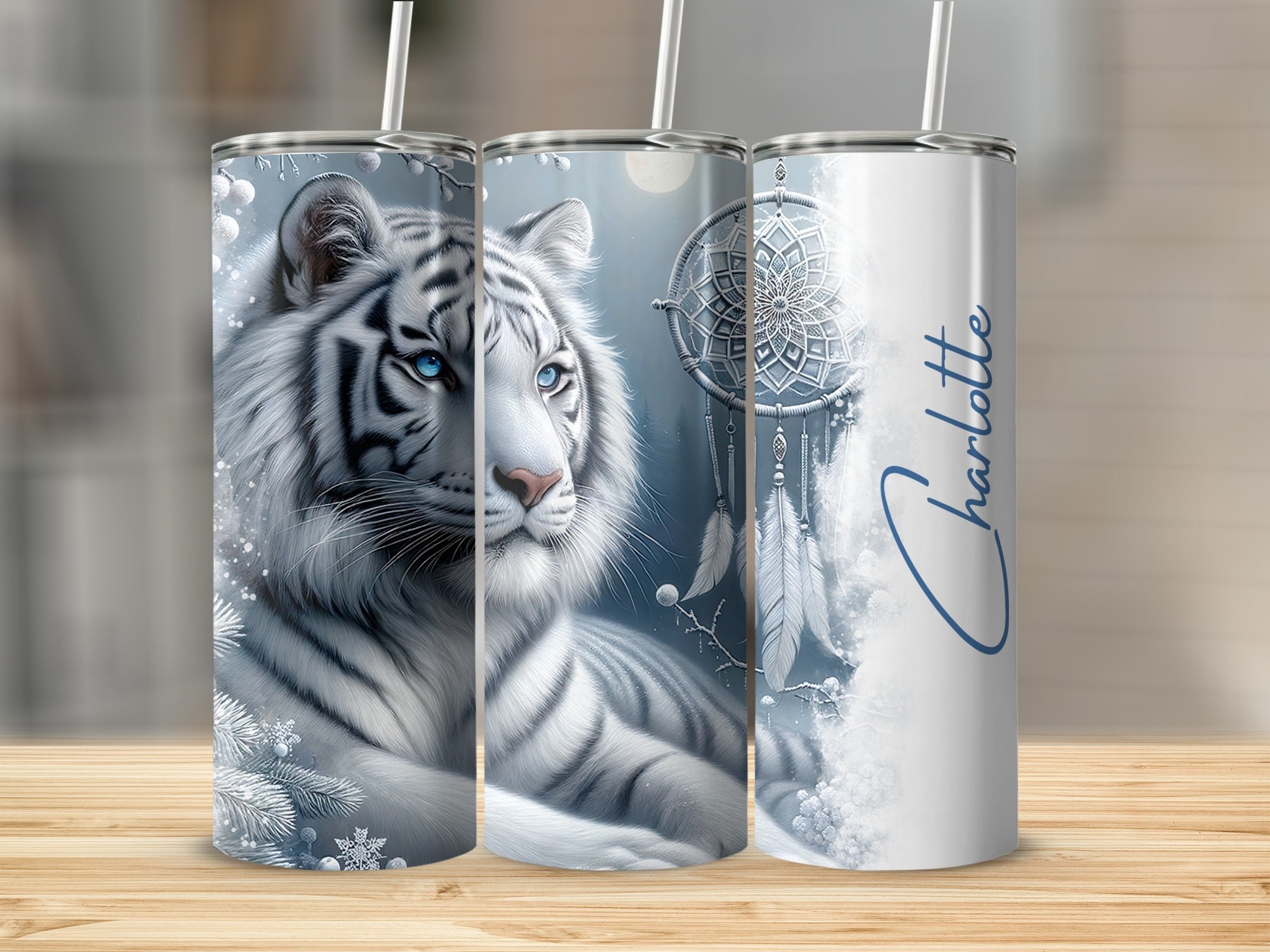 White tiger design on a tall tumbler with "Charlotte" in cursive.