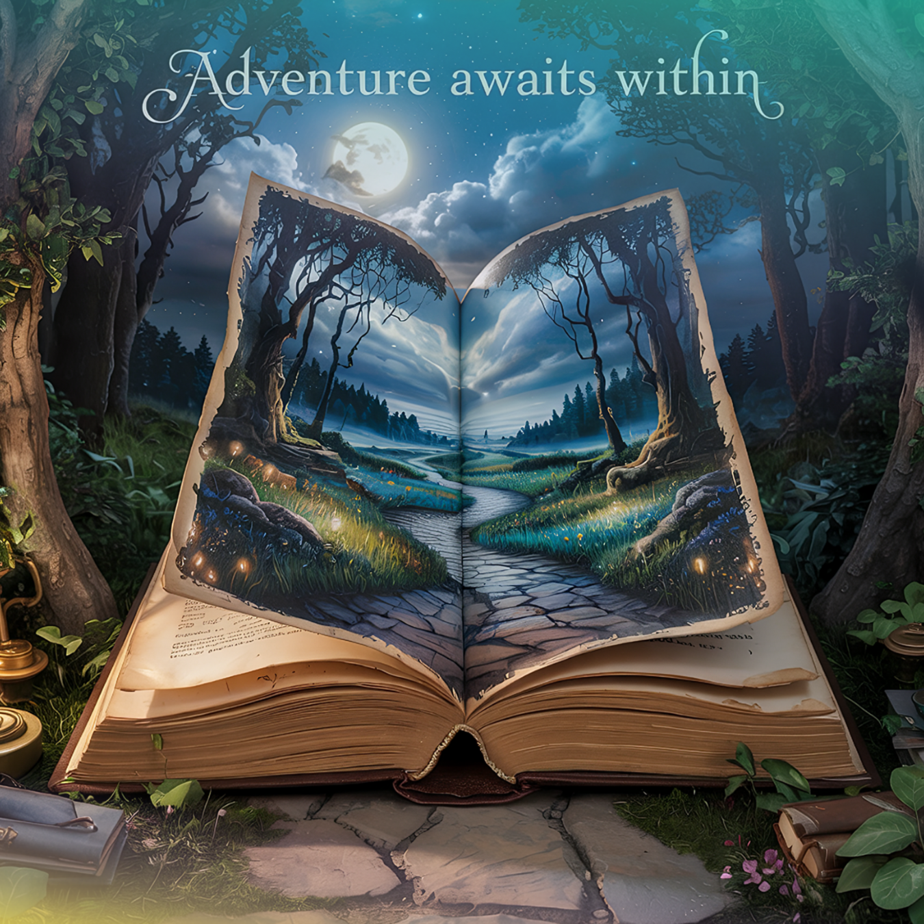 Open book with forest path scene, "Adventure awaits within" text.