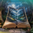 Open book with forest path scene, "Adventure awaits within" text.