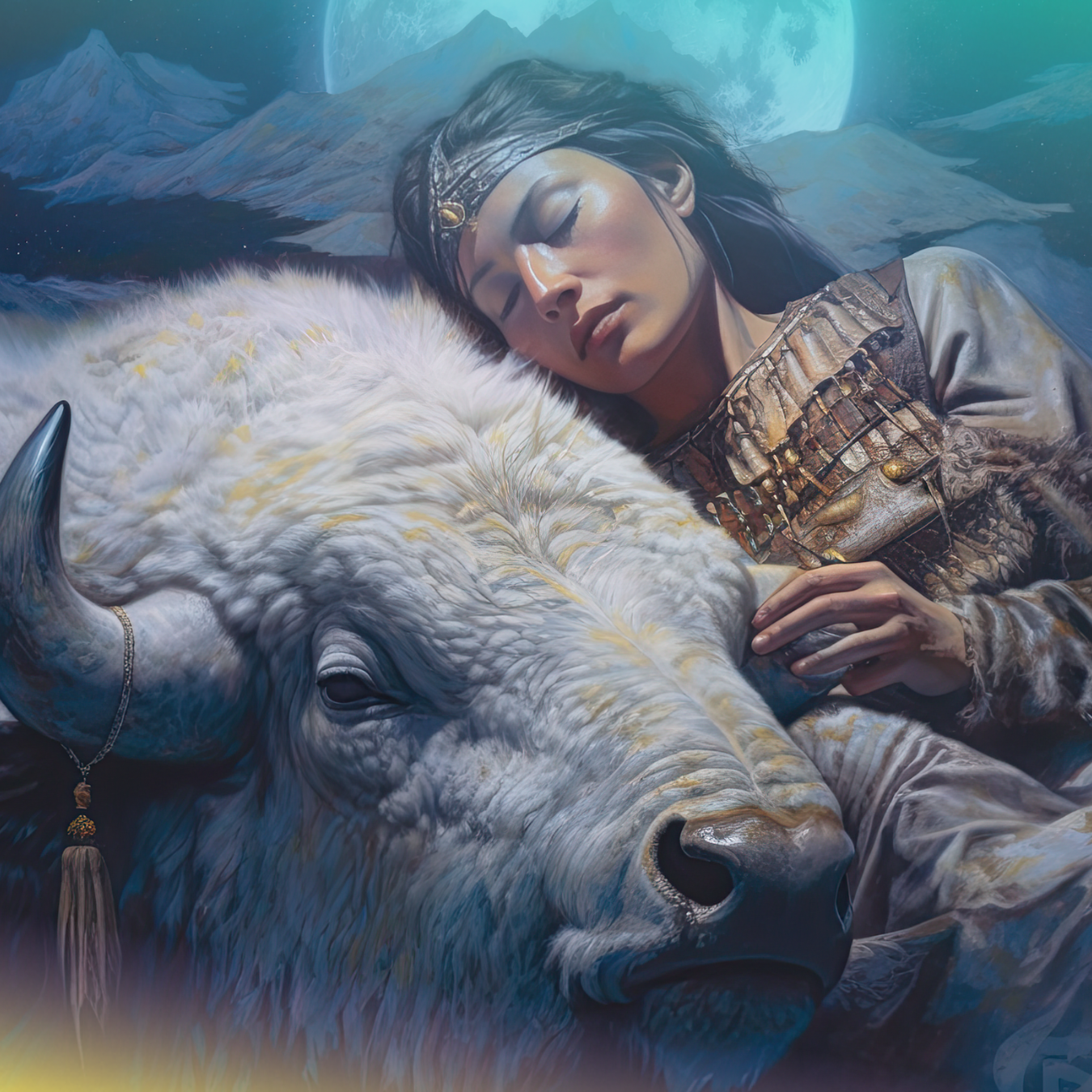 Woman sleeping on a white buffalo under a full moon.