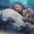Woman sleeping on a white buffalo under a full moon.