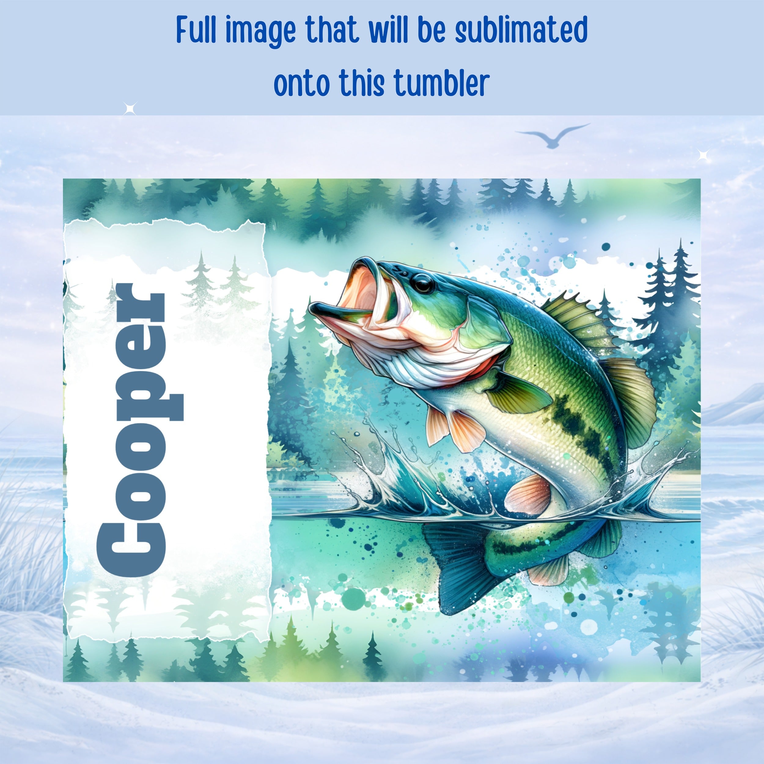 Bass jumping out of water with "Cooper" text on a nature background.