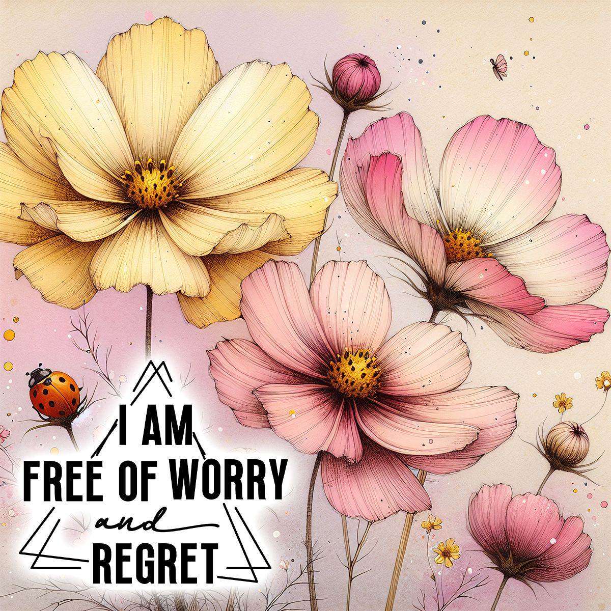 Cosmos flowers with text "I am free of worry and regret".