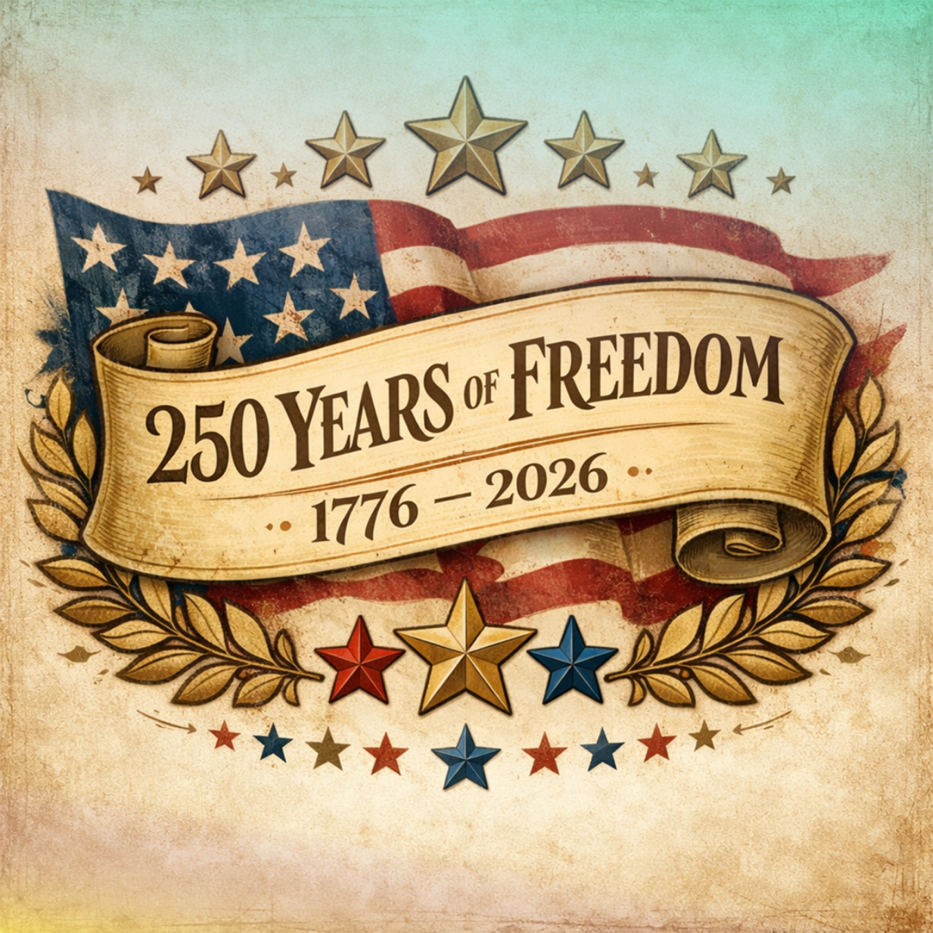 American flag motif with banner celebrating "250 Years of Freedom 1776 - 2026".