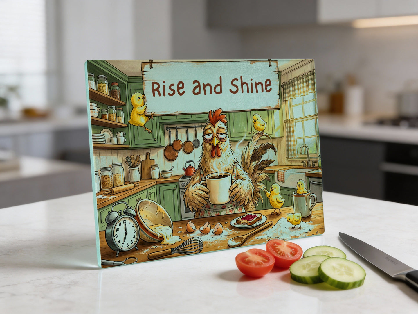 Cutting board with "Rise and Shine" text, chicken, and kitchen scene.
