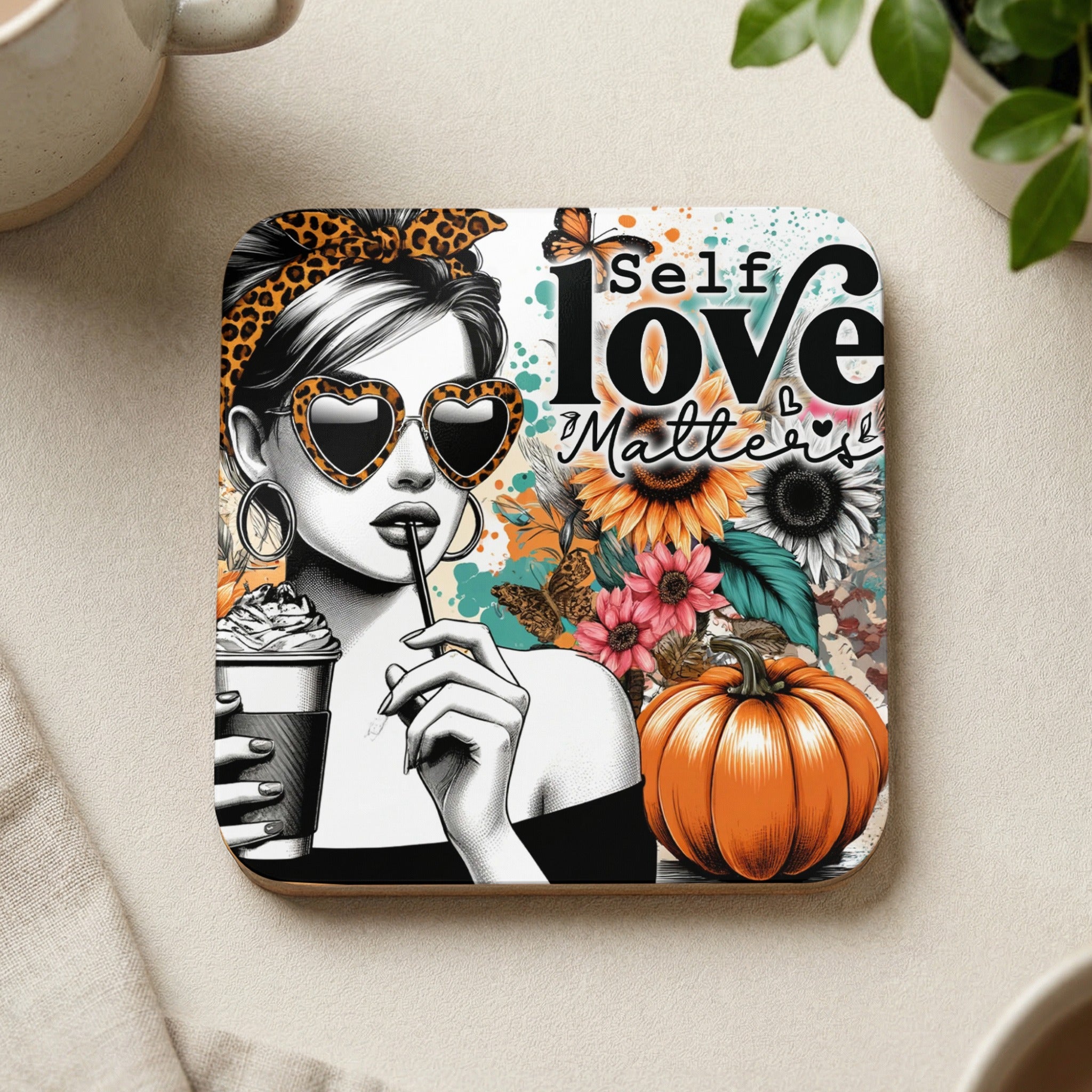 Woman in sunglasses holds coffee near pumpkin, sunflowers, and butterflies with text "Self Love Matters."