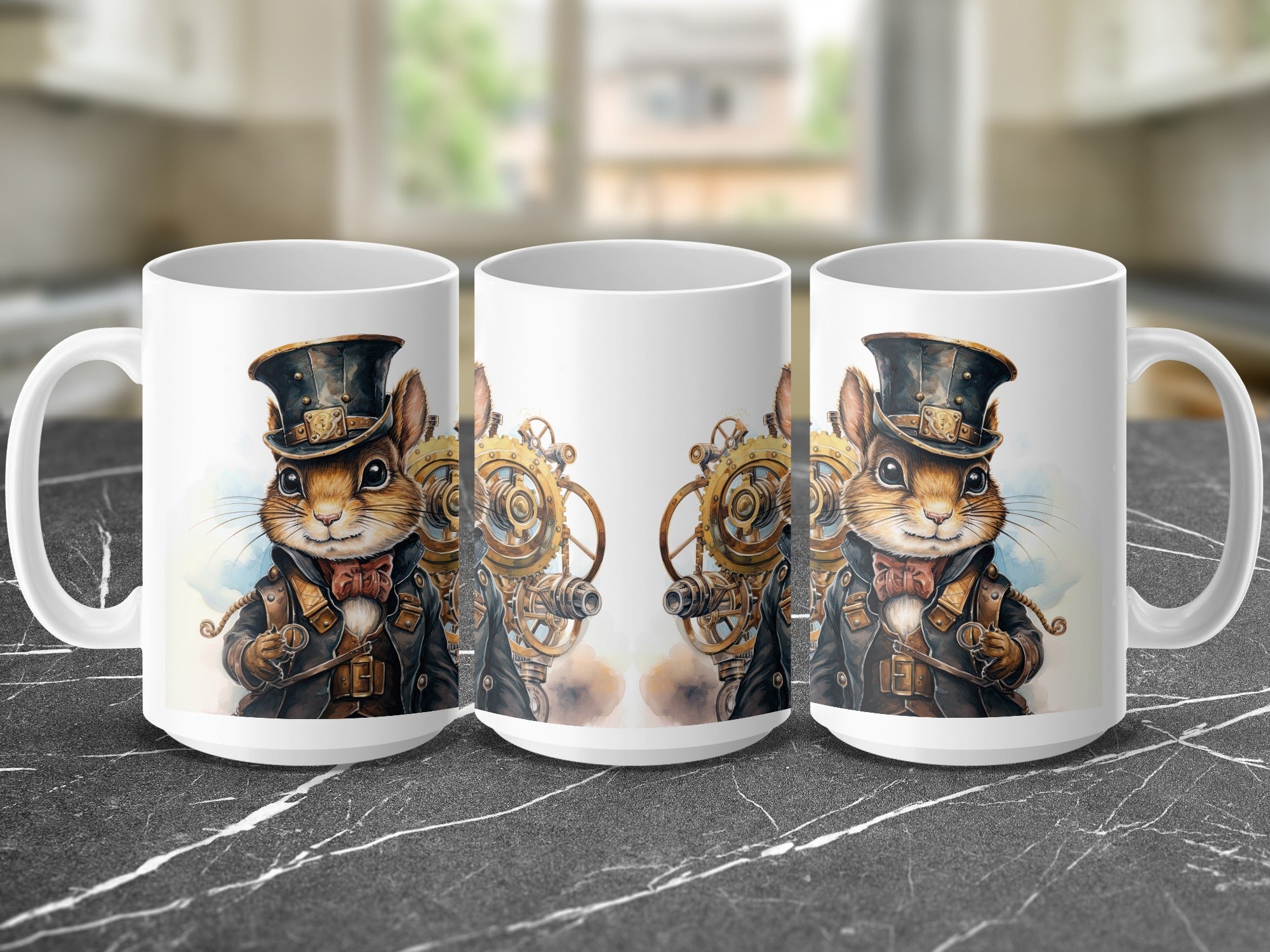Steampunk squirrel in top hat and jacket on a white mug.