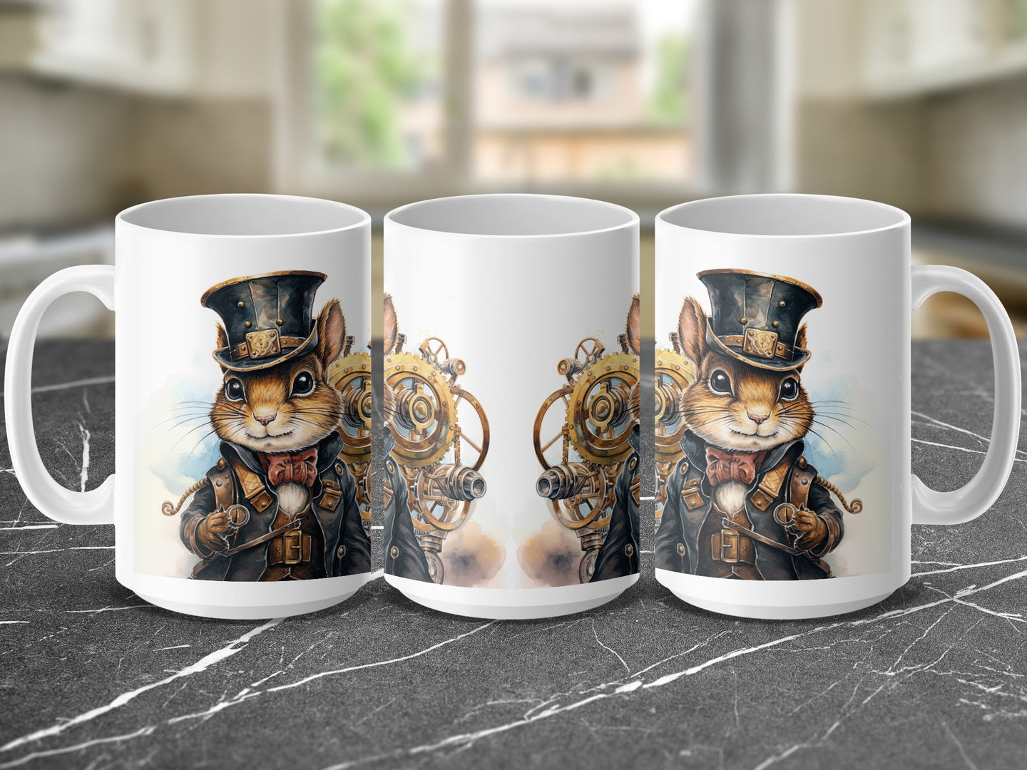 Steampunk squirrel in top hat and jacket on a white mug.