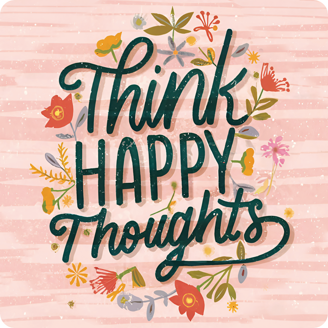 "Think Happy Thoughts" text surrounded by colorful floral illustrations.