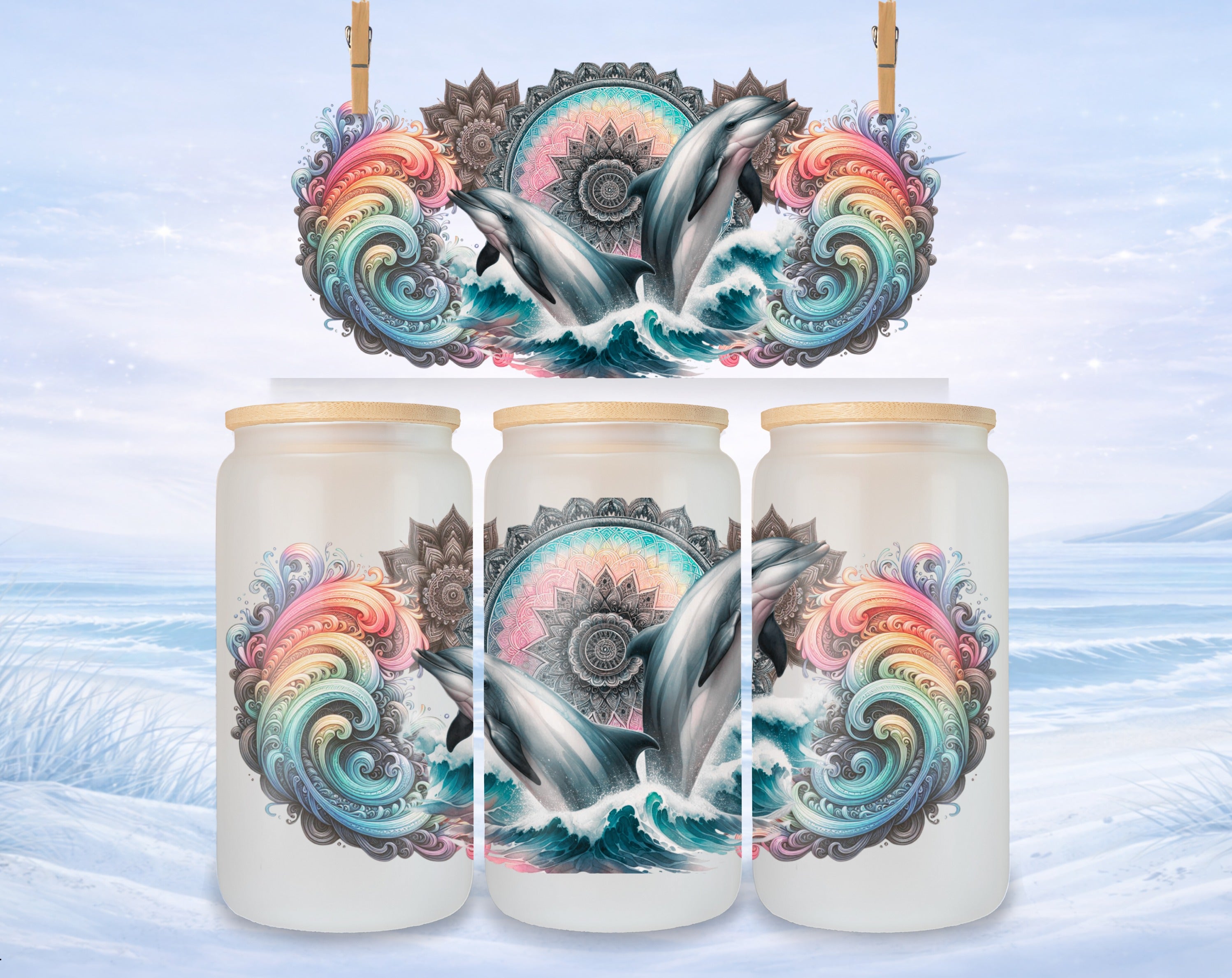 Three clear glass jars with bamboo lids, featuring dolphins and colorful mandala waves.