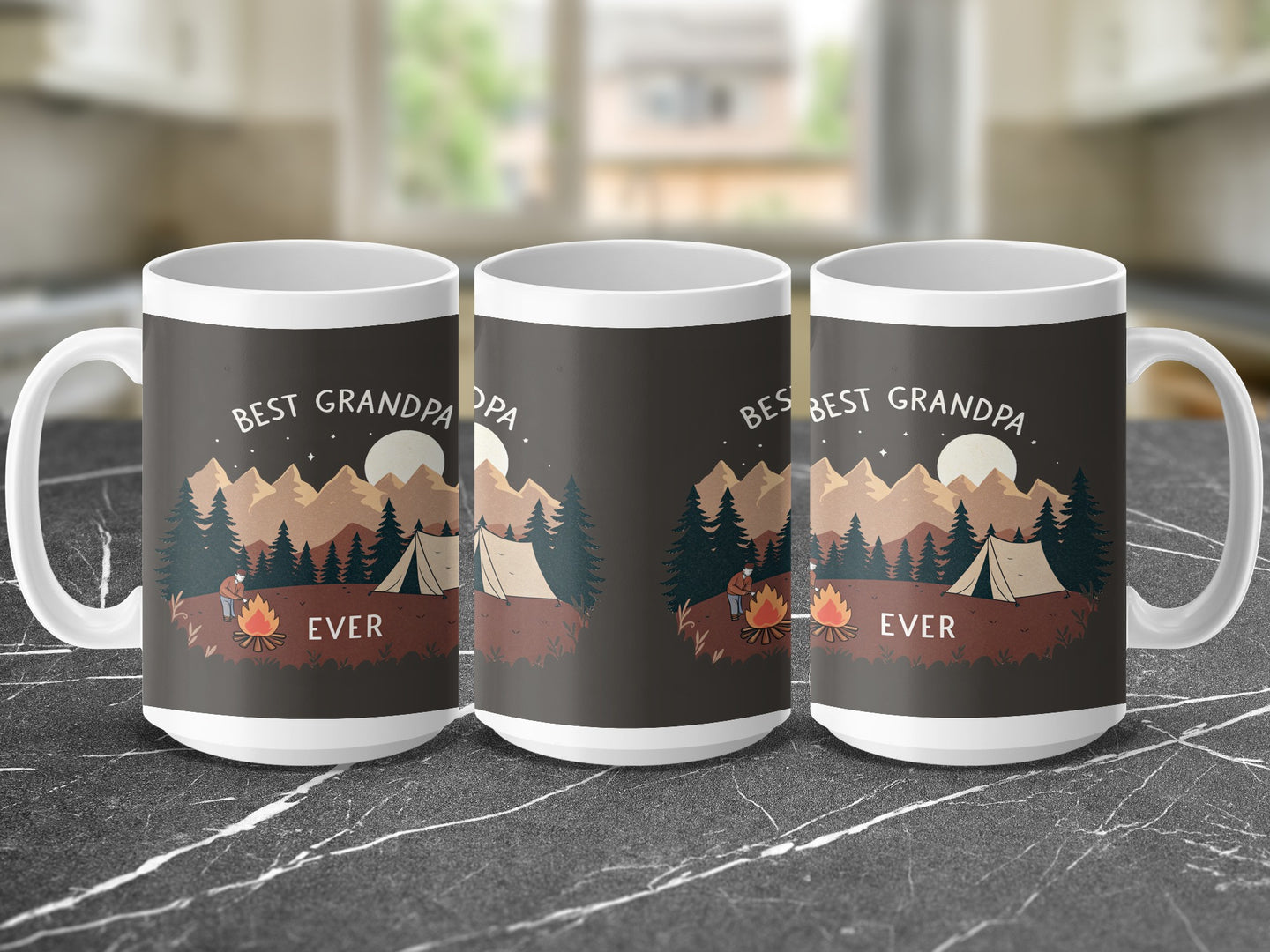 Three mugs showing "Best Grandpa Ever" with a camping scene.