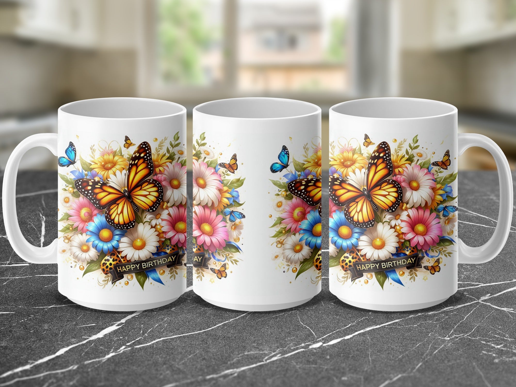White mug with butterflies, flowers, and "Happy Birthday" text.