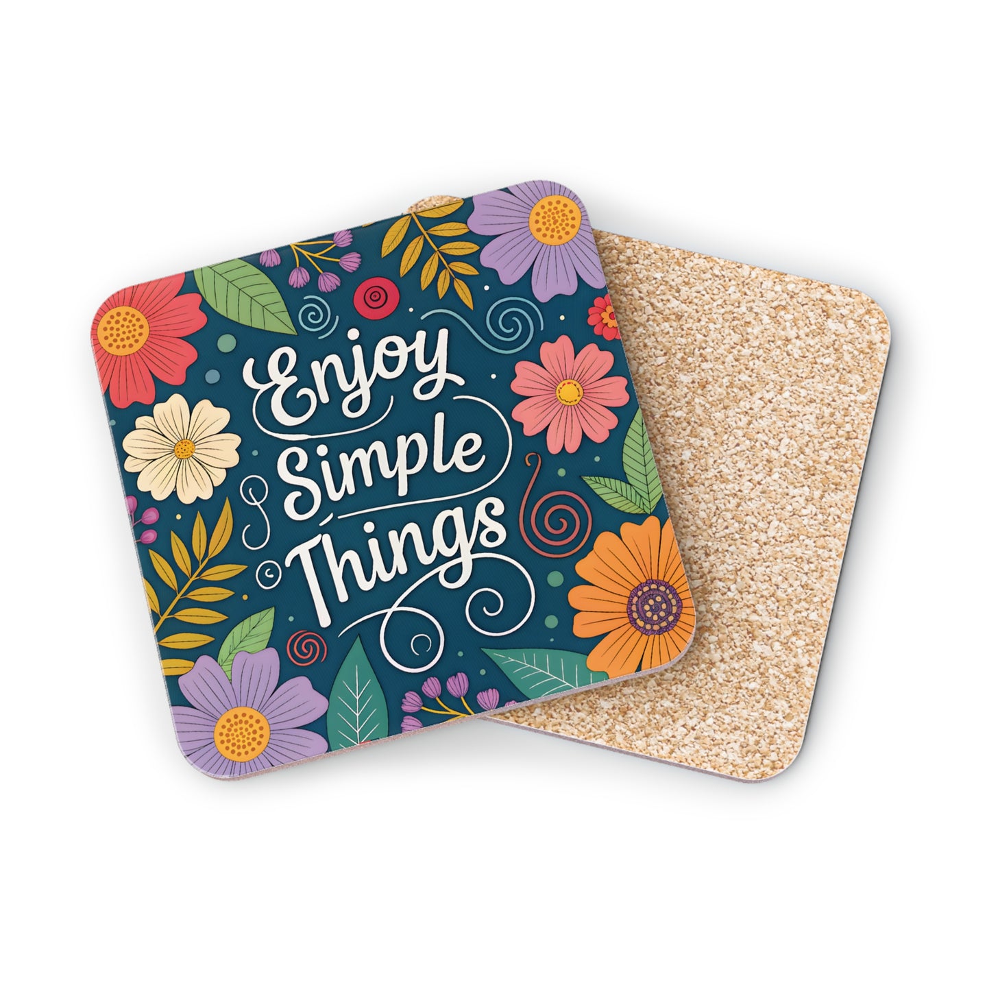 Coaster with "Enjoy Simple Things" text and floral design.