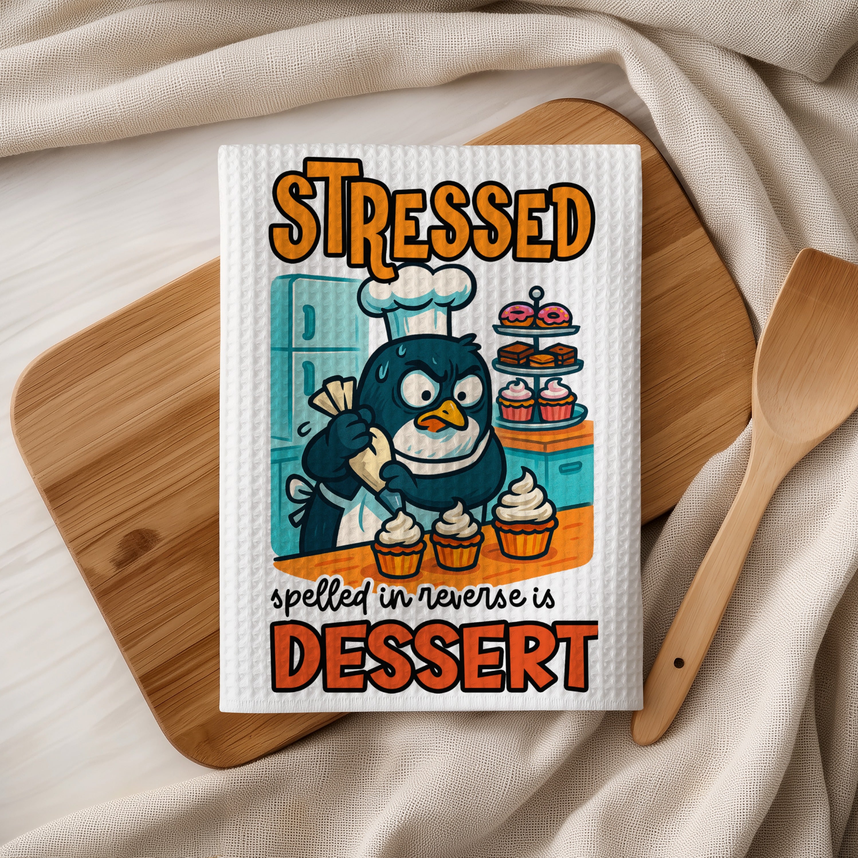 Penguin chef piping frosting on cupcakes, text "STRESSED spelled in reverse is DESSERT".