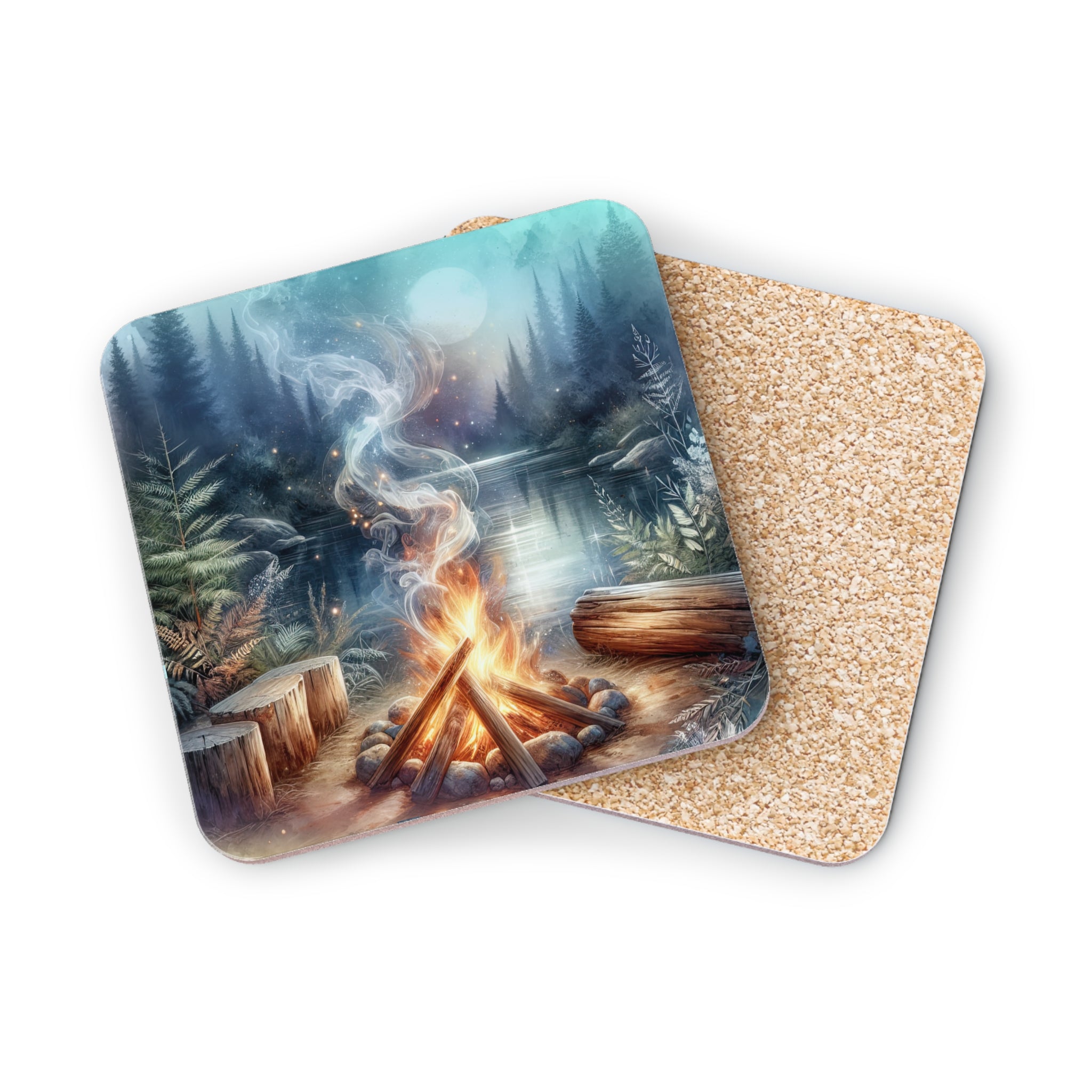 Campfire scene with a lake and moon, set on cork coasters.