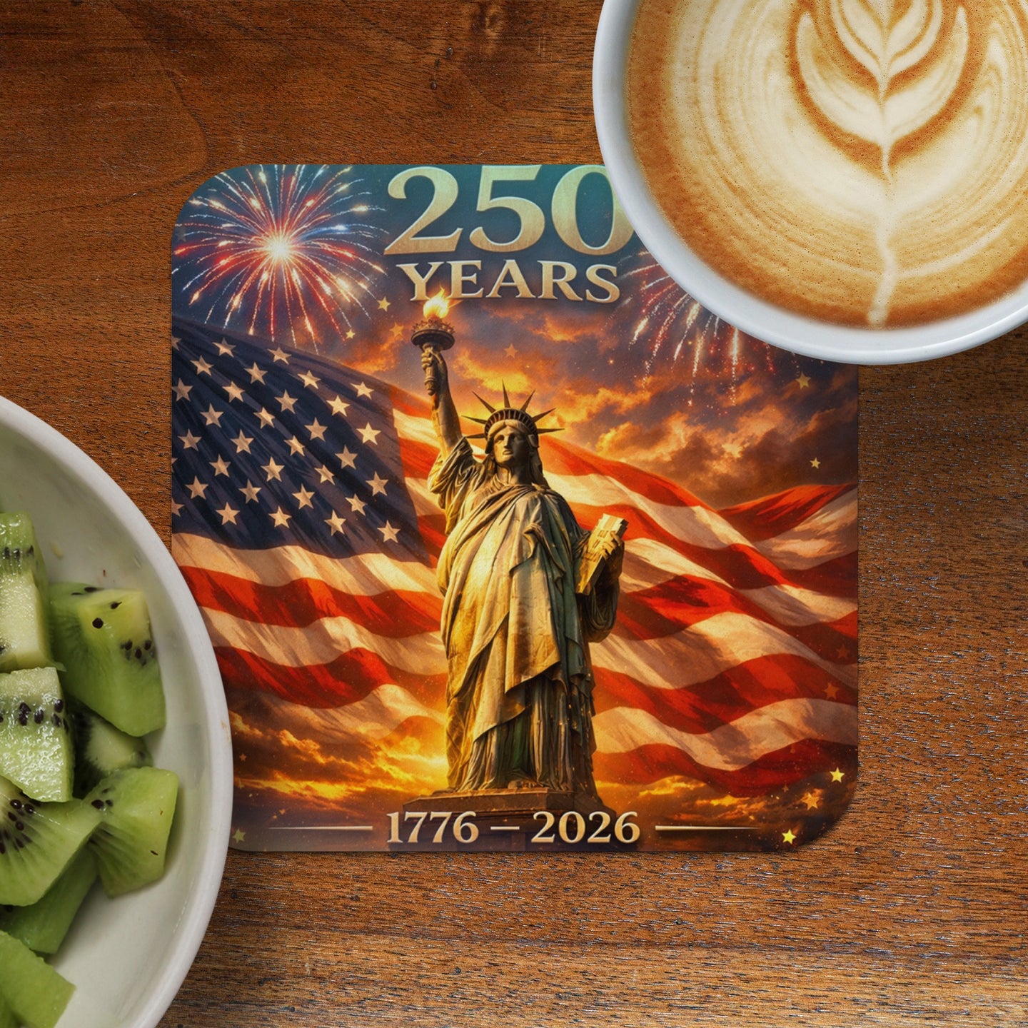 Statue of Liberty with US flag, fireworks, and text "250 Years 1776-2026".